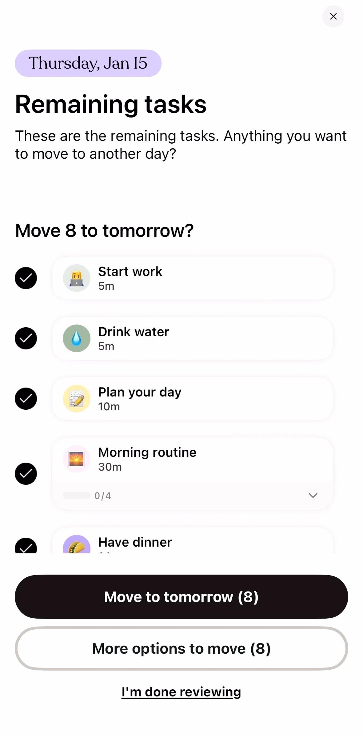 Tiimo Screen screen in the Completing a review flow