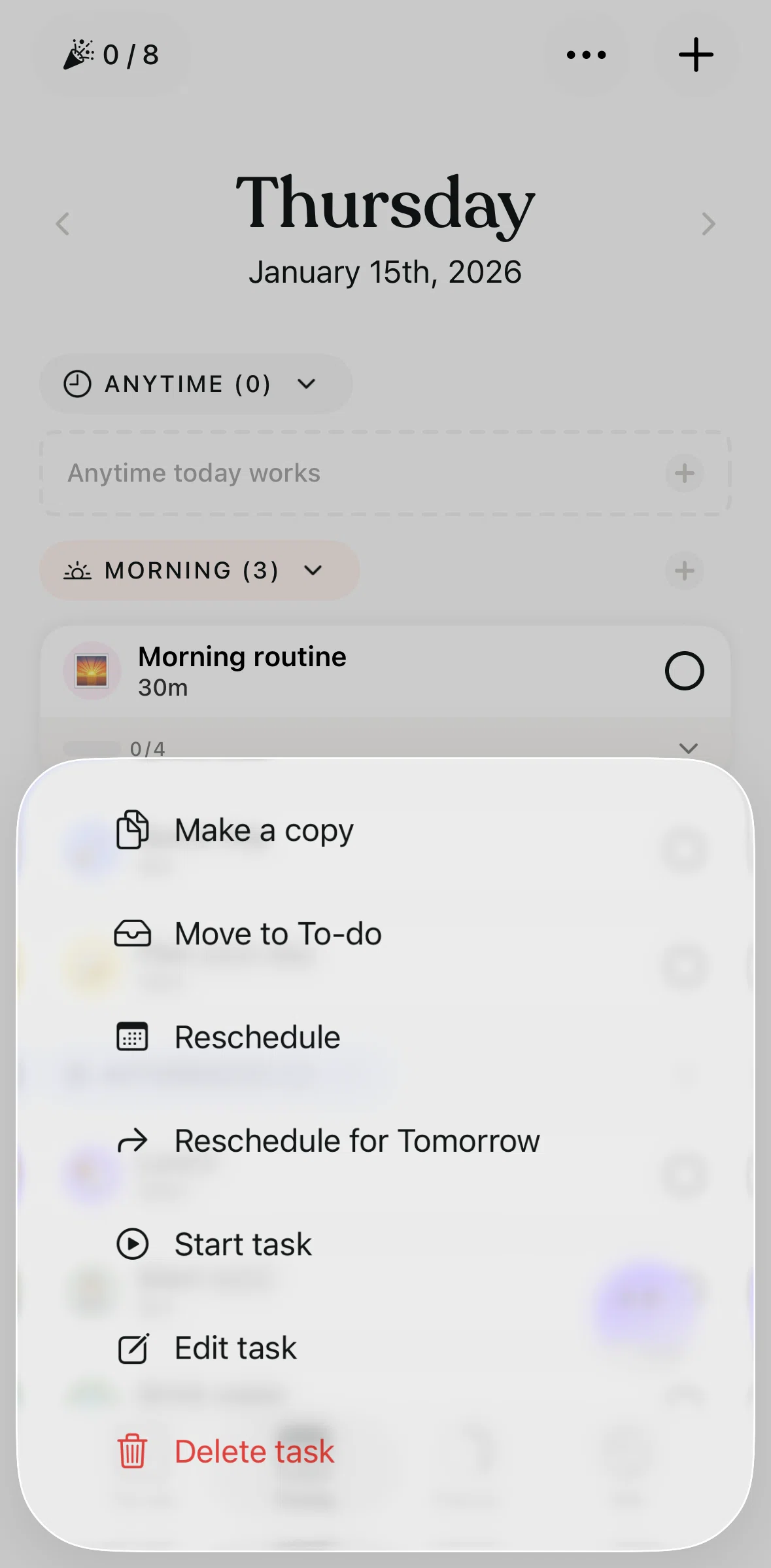 Tiimo Screen screen in the Completing a task flow