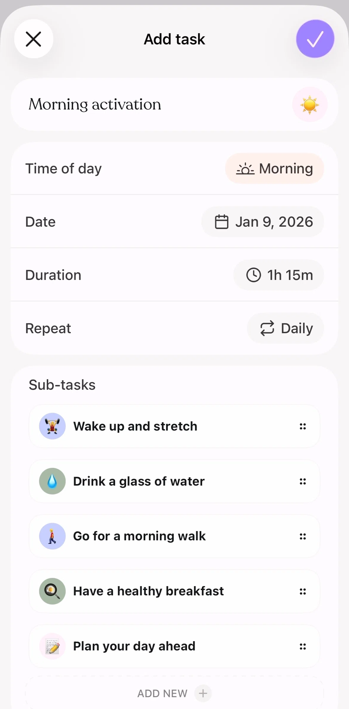 Tiimo Screen screen in the Reordering subtasks flow