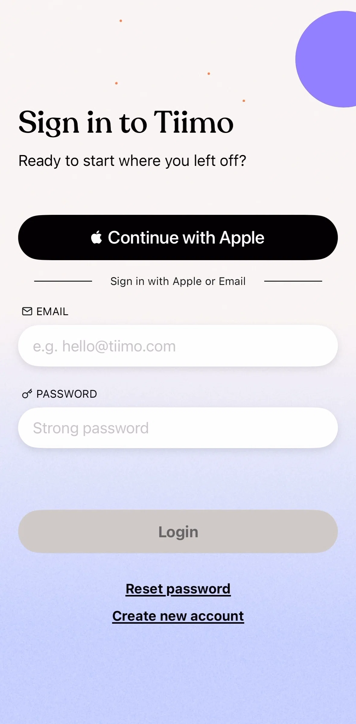 Tiimo Screen screen in the Resetting password flow