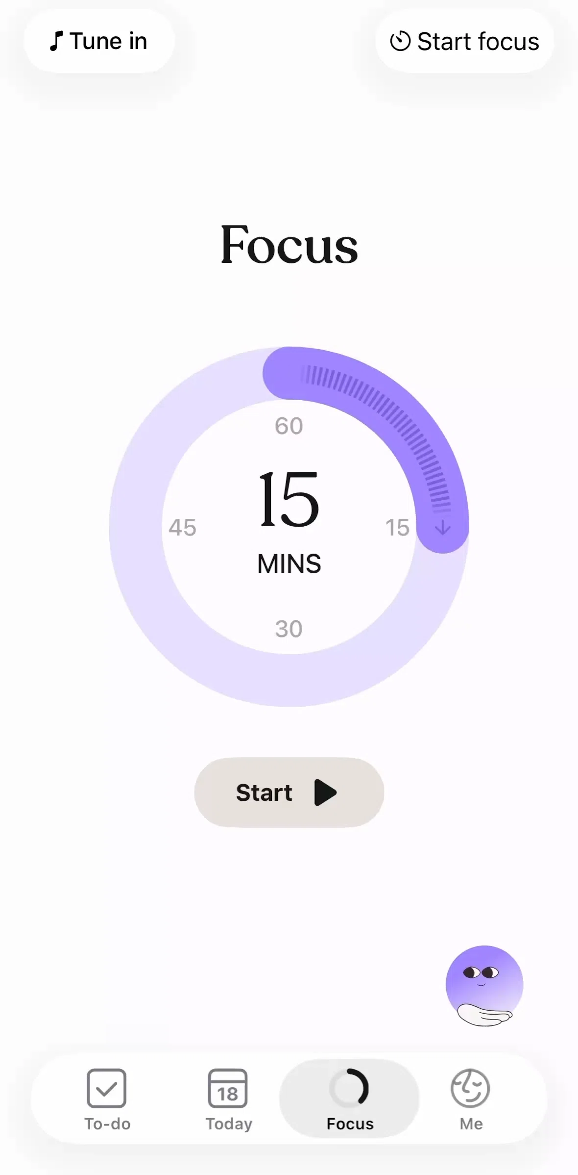 Tiimo Screen screen in the Starting a focus session flow