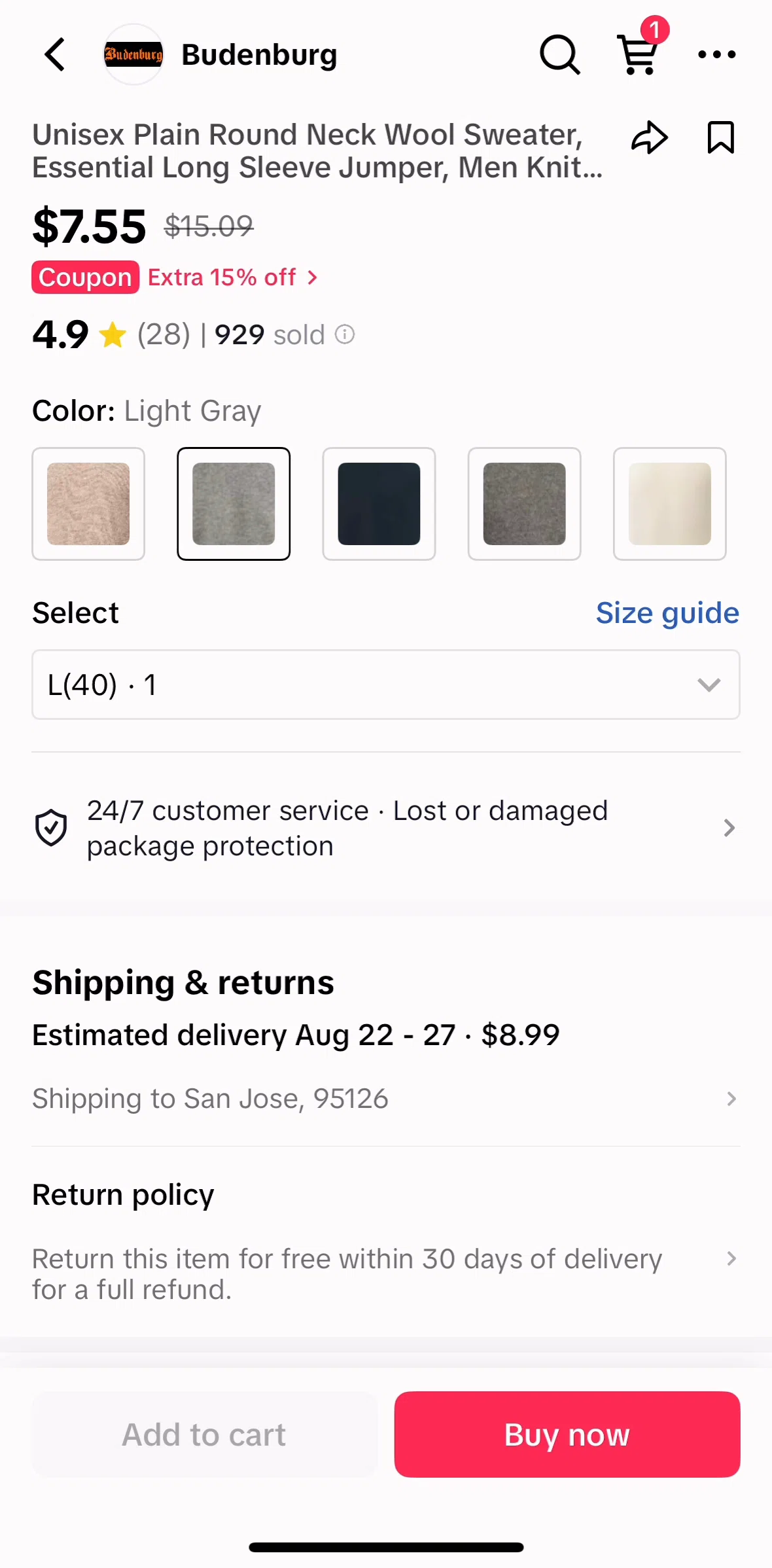 Tiktok Screen 1 screen in the Checking out an item flow