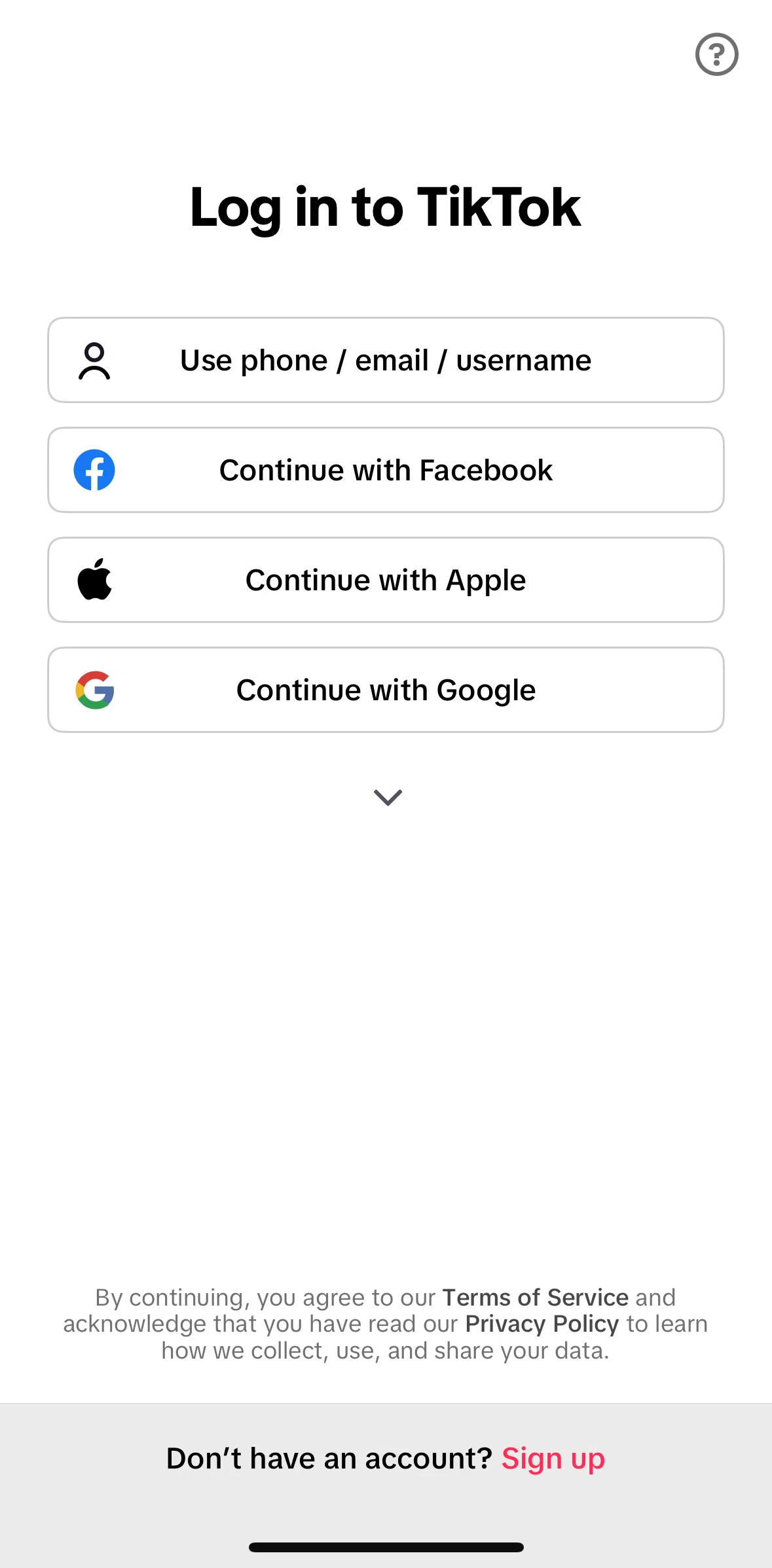 Tiktok Screen 1 screen in the Logging in flow