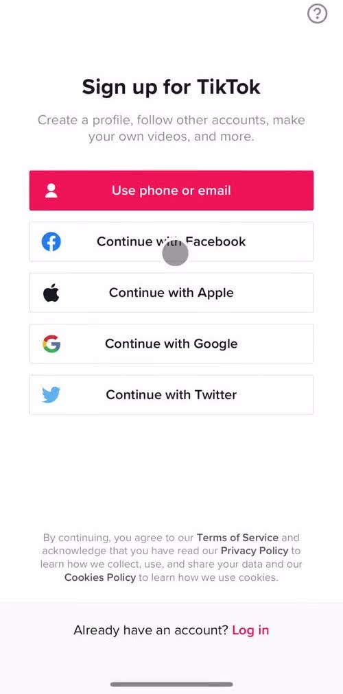 Tiktok Start screen screen in the Onboarding flow