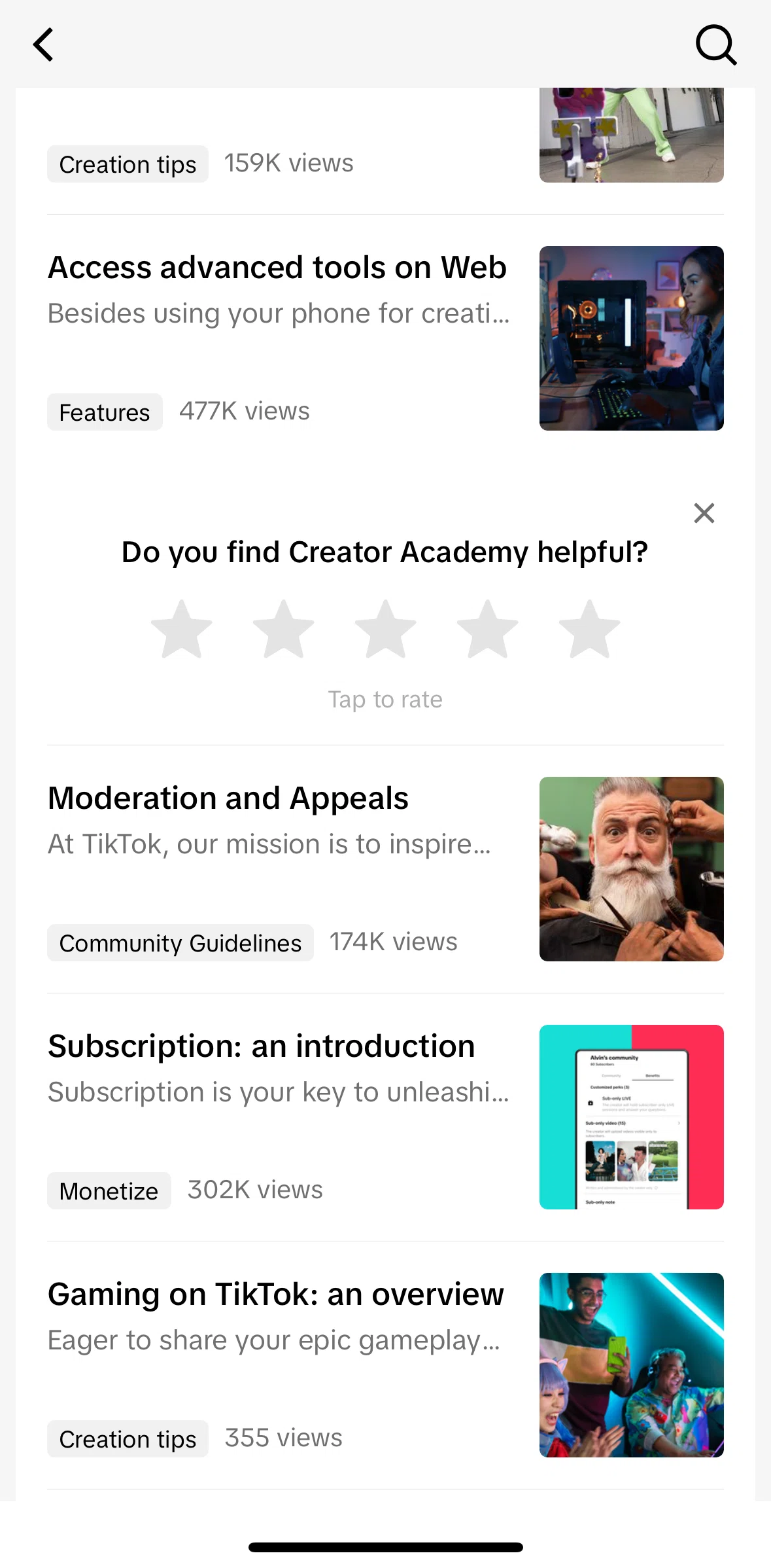 Tiktok Screen 1 screen in the Rating creator academy flow
