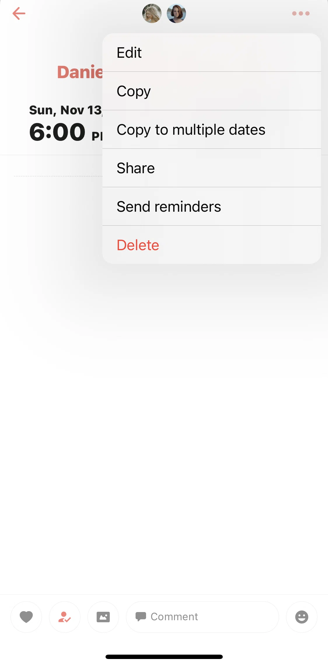 TimeTree Screen screen in the Deleting a calendar event flow