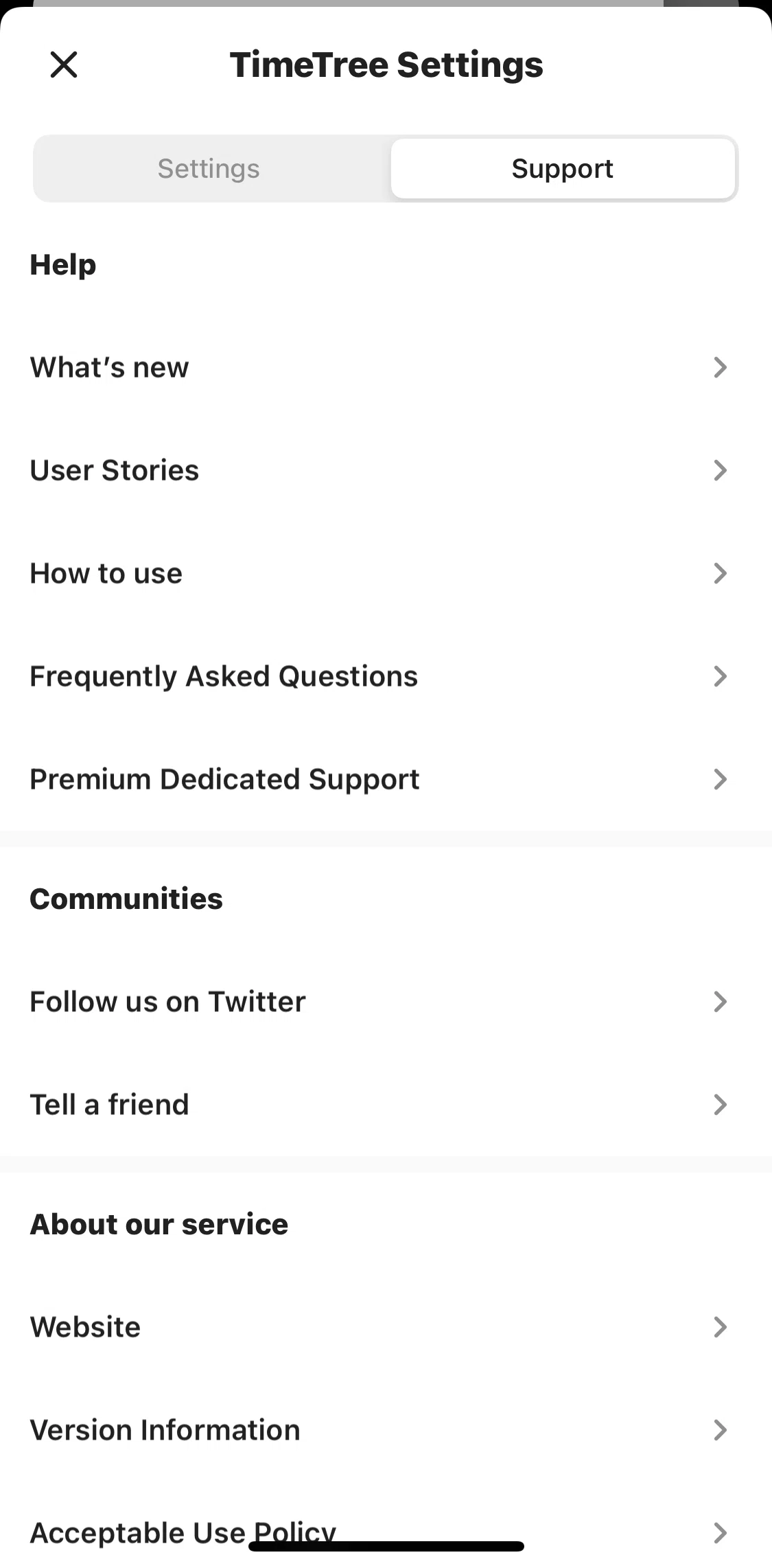 TimeTree Screen screen in the Frequently asked questions flow