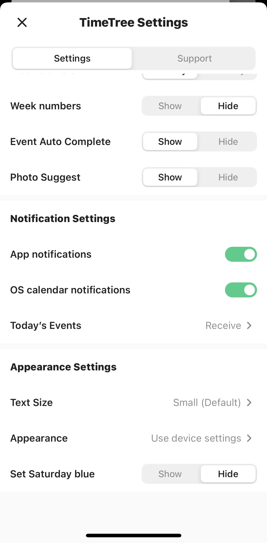 TimeTree Screen screen in the Switching to dark mode flow