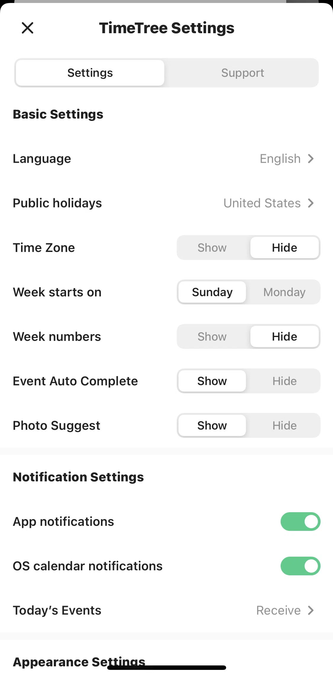 TimeTree Screen screen in the Updating national holiday settings flow