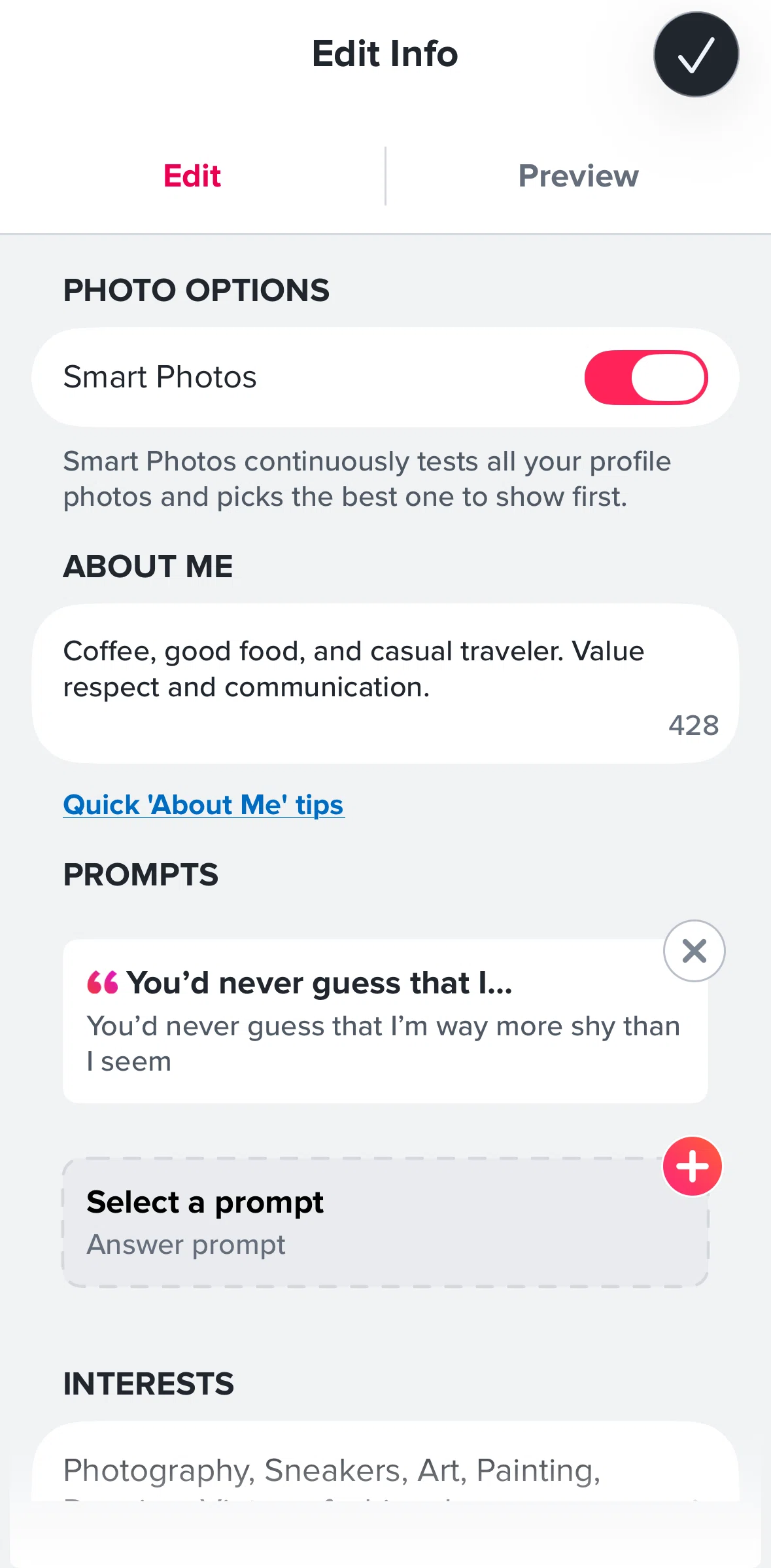 Tinder Screen screen in the About me tips flow