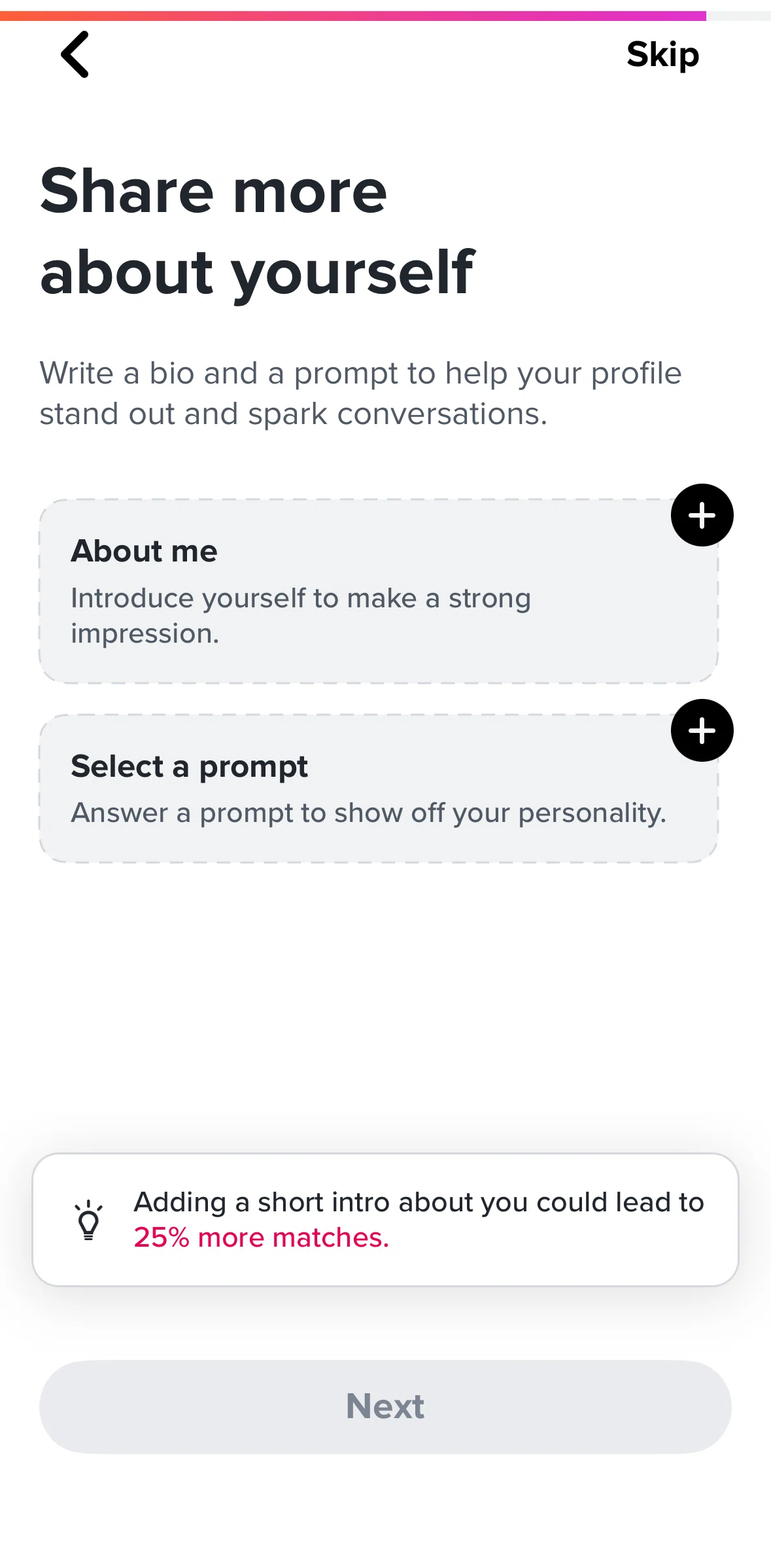 Tinder Screen screen in the Adding a bio flow