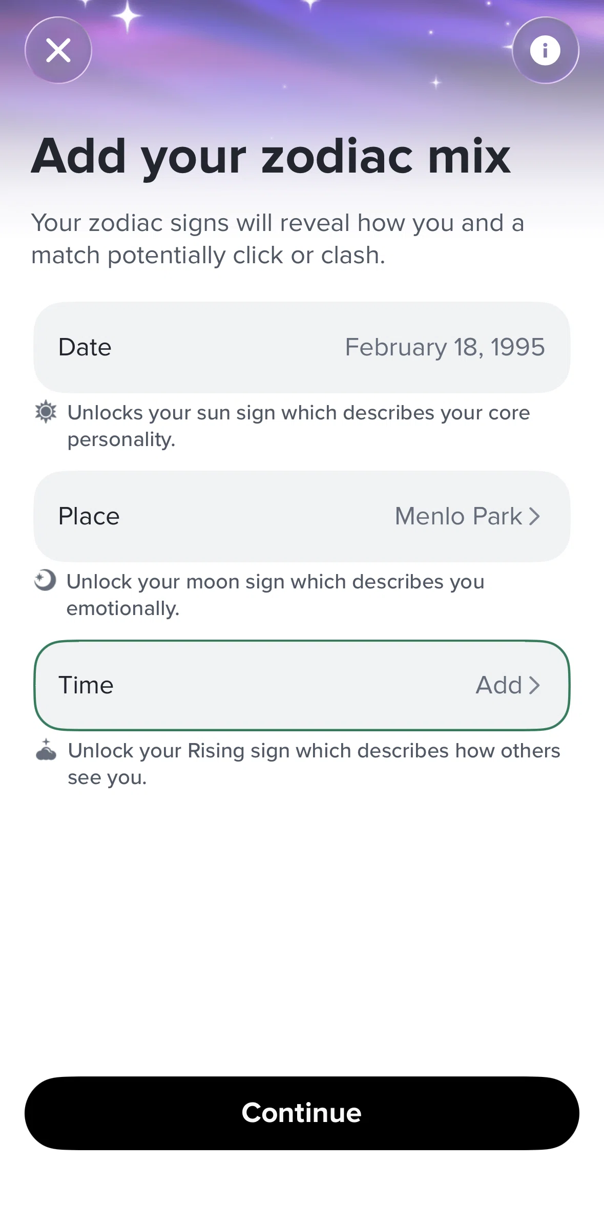 Tinder Screen screen in the Adding a birth time flow