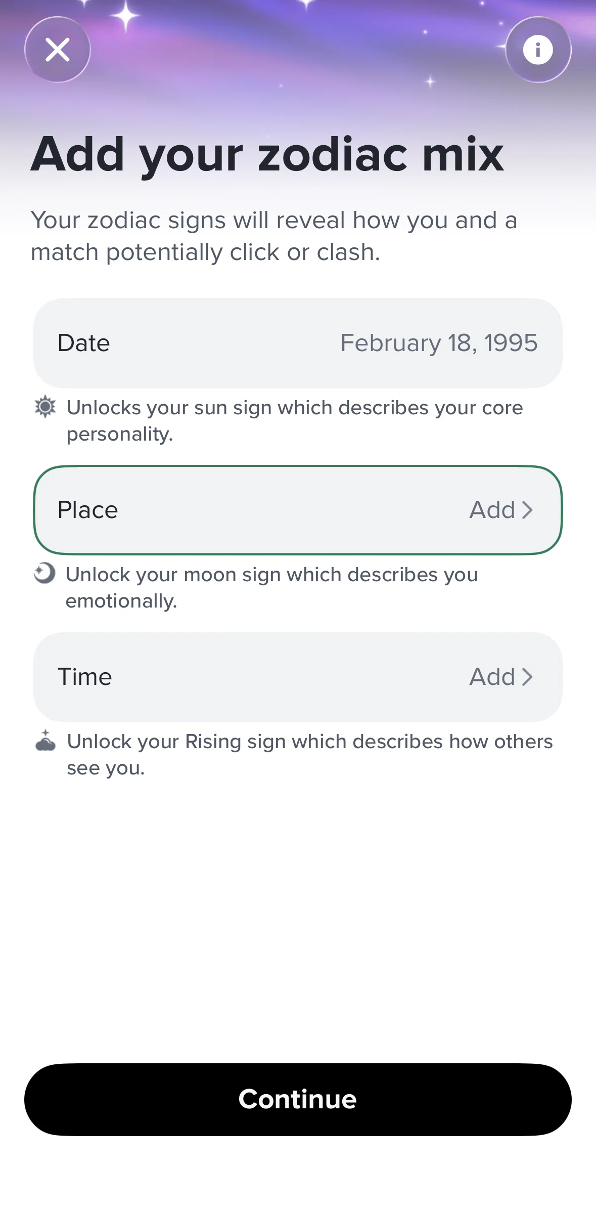 Tinder Screen screen in the Adding a birthplace flow