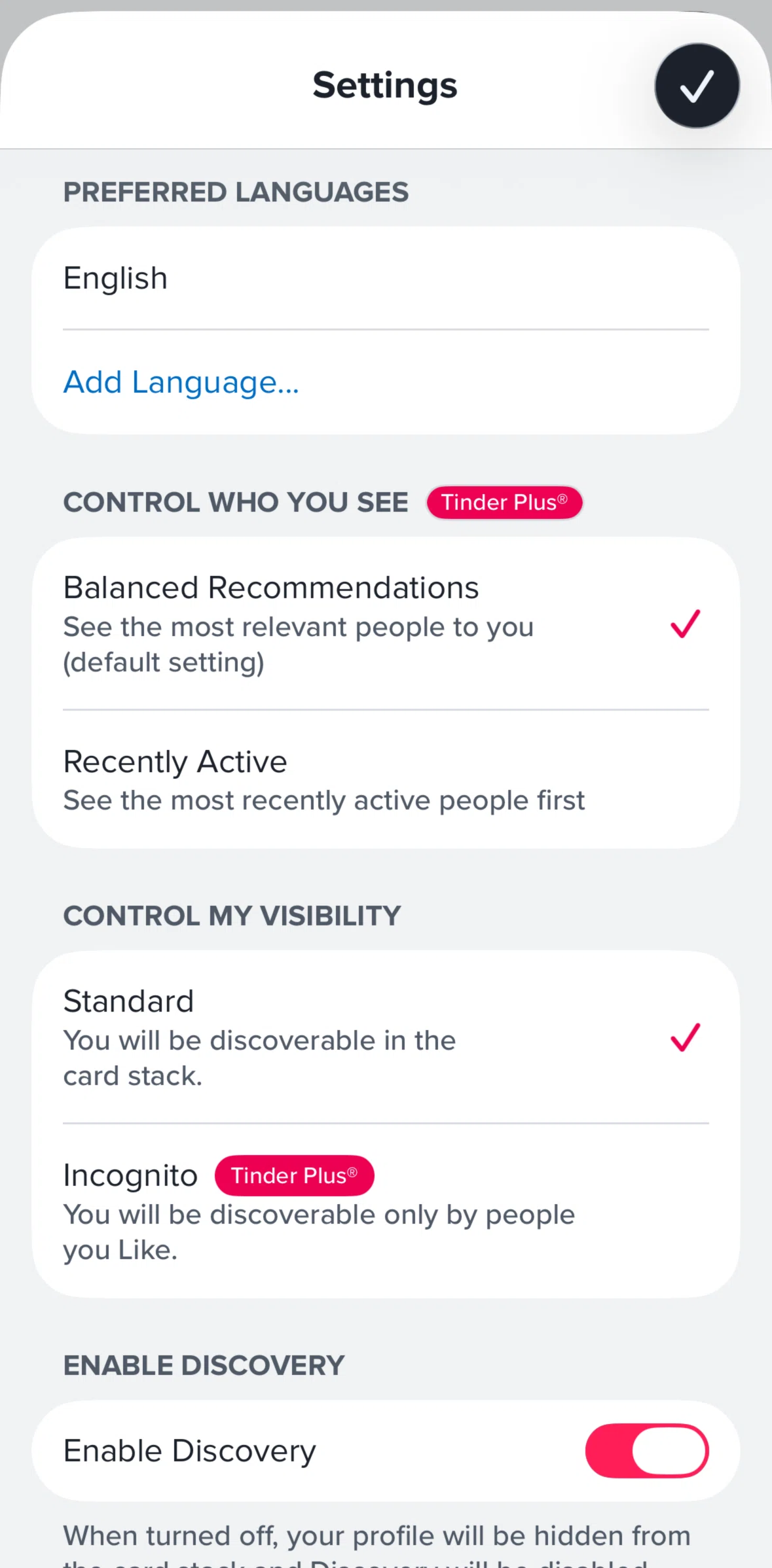 Tinder Screen screen in the Adding a preferred language flow