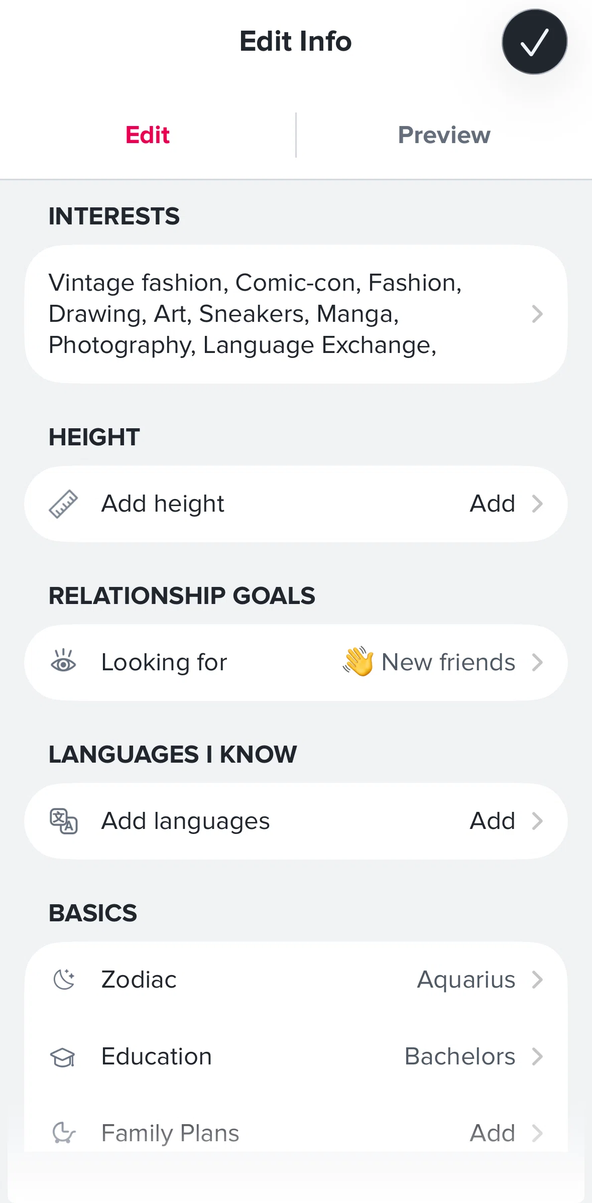 Tinder Screen screen in the Adding height flow