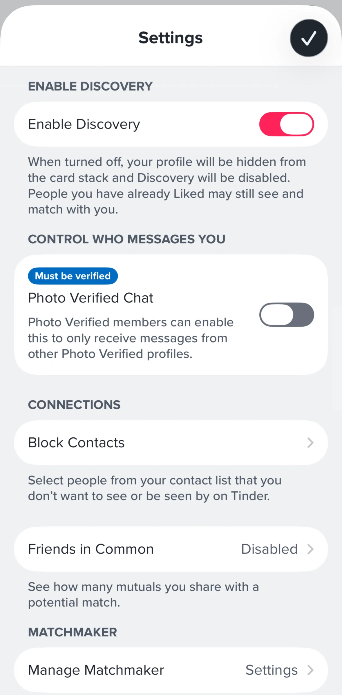 Tinder Screen screen in the Block contacts flow