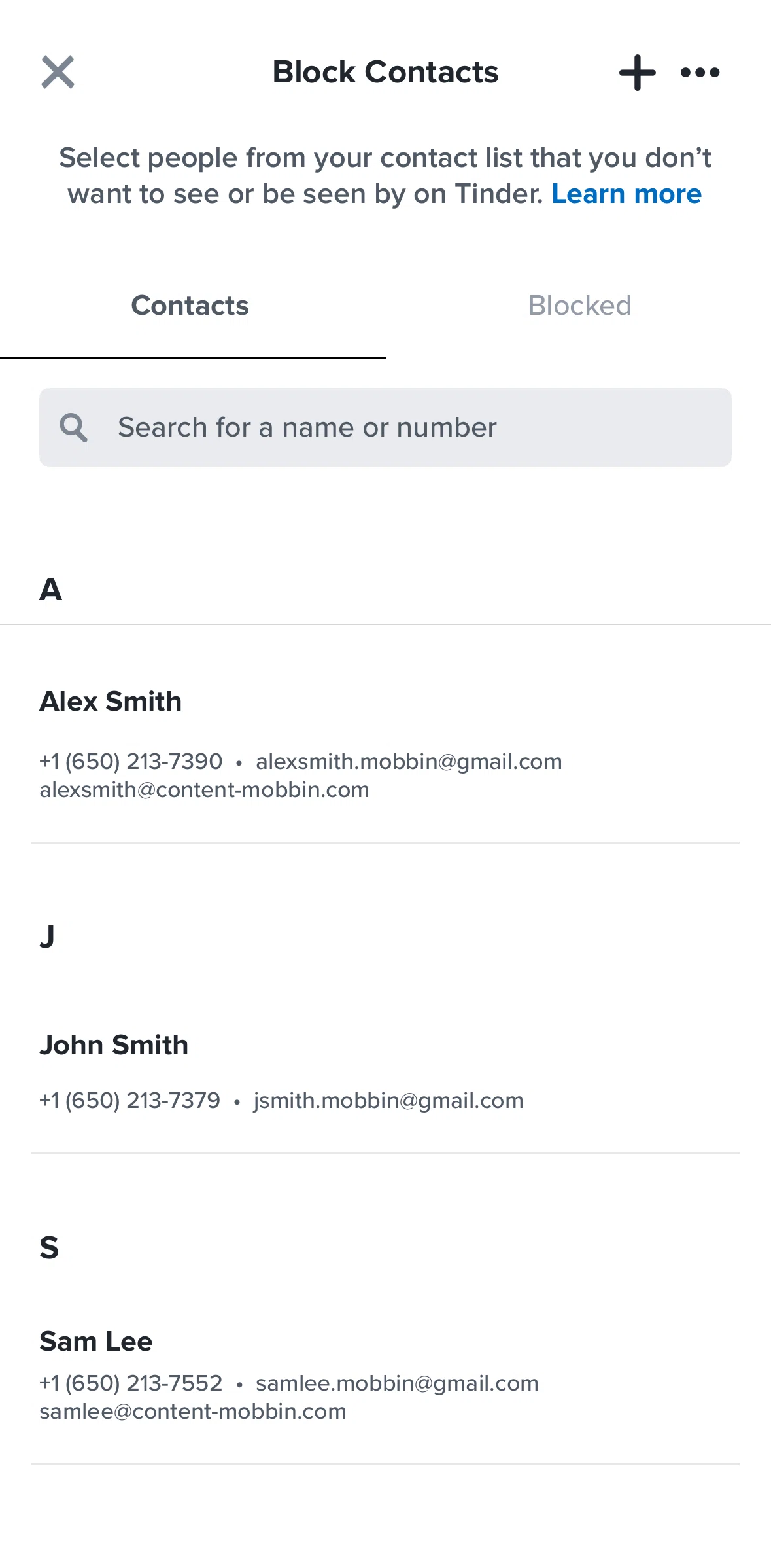 Tinder Screen screen in the Blocking a contact flow