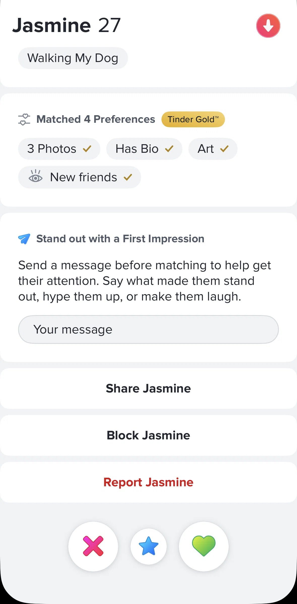Tinder Screen screen in the Blocking a profile flow