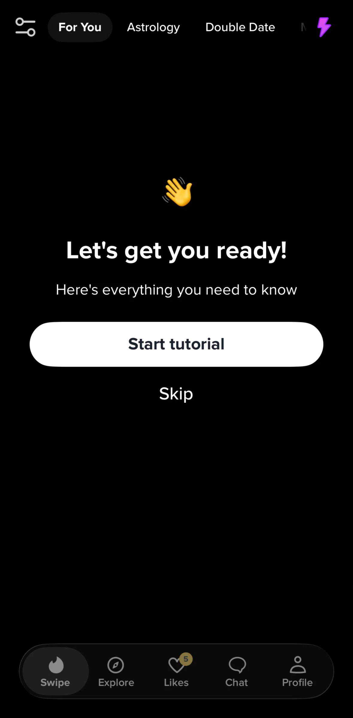 Tinder Screen screen in the Browsing tutorial flow