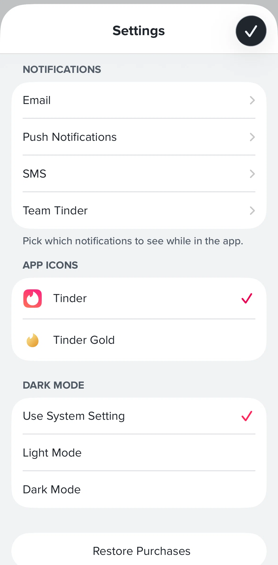 Tinder Screen screen in the Changing an app icon flow