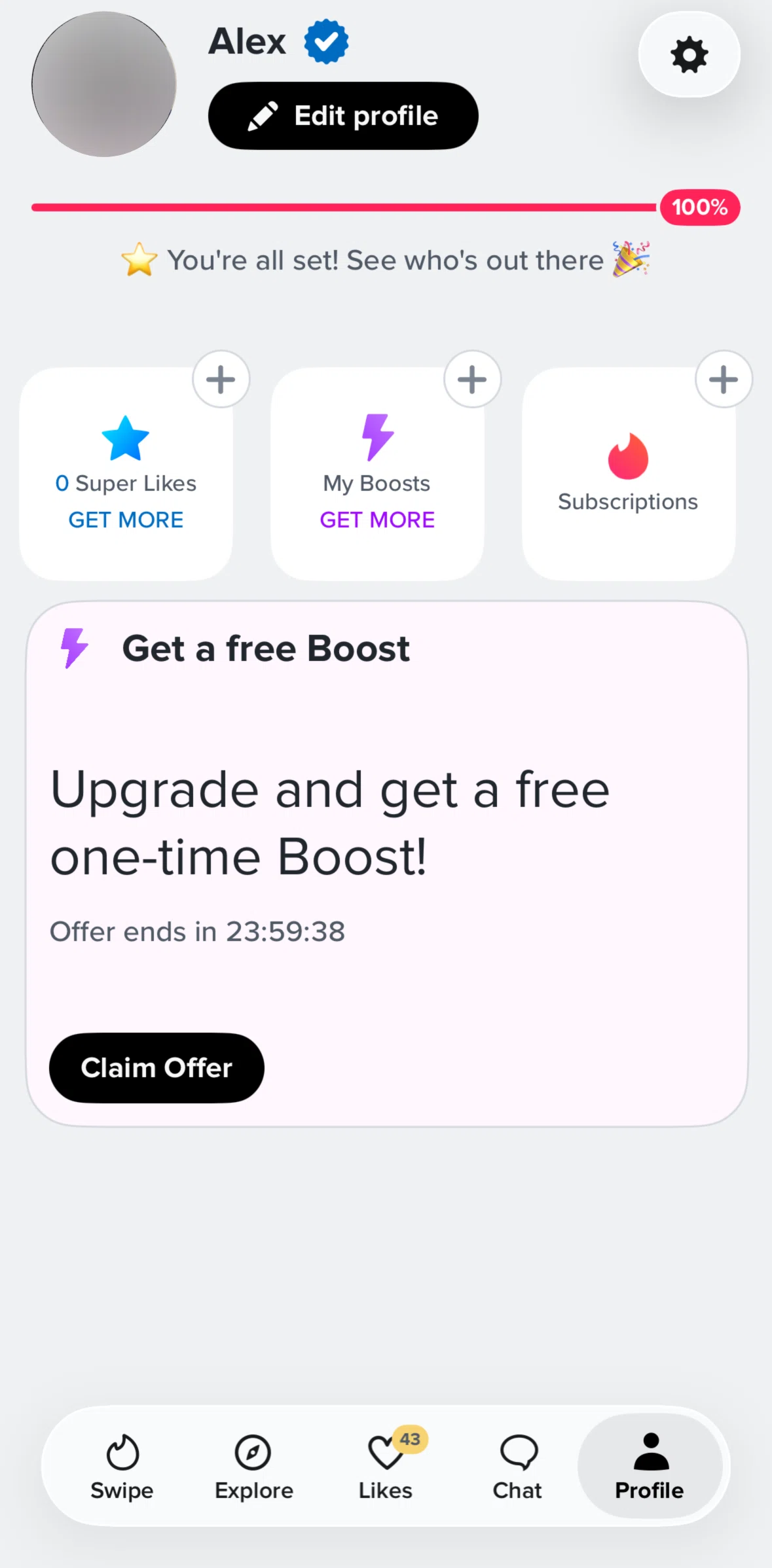 Tinder Screen screen in the Claim a free boost offer flow