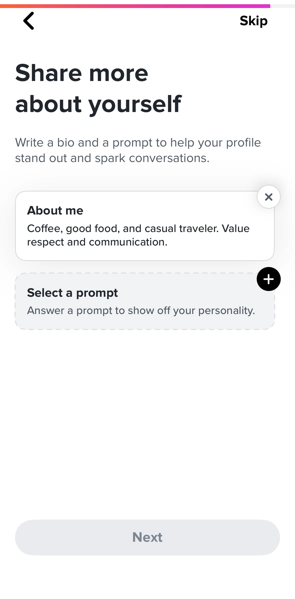 Tinder Screen screen in the Completing a prompt flow