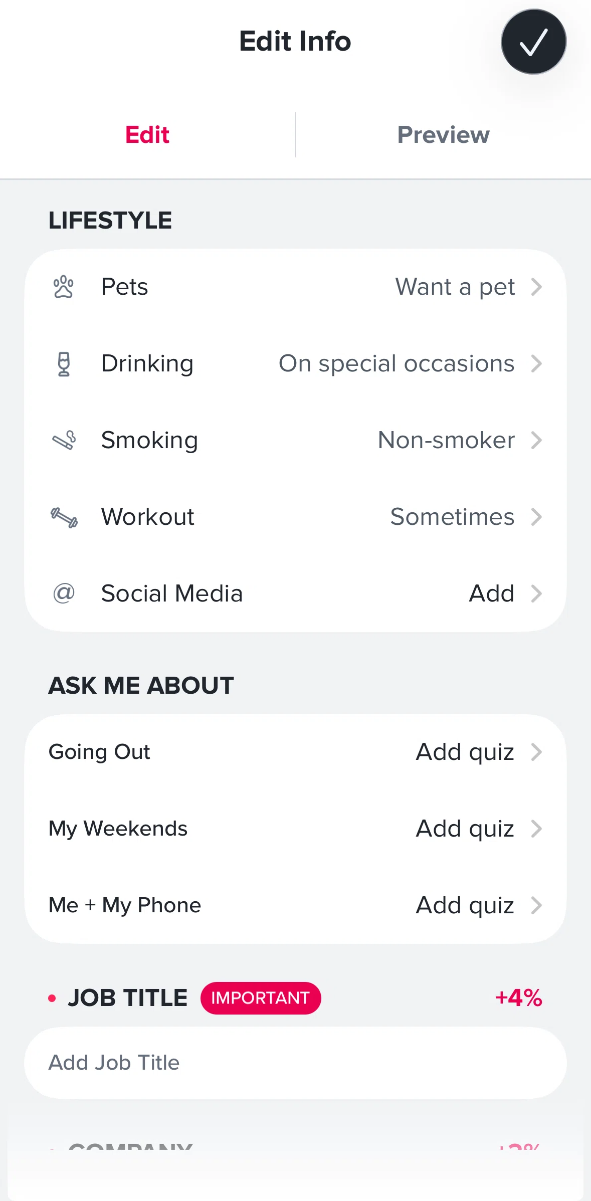 Tinder Screen screen in the Completing a quiz flow