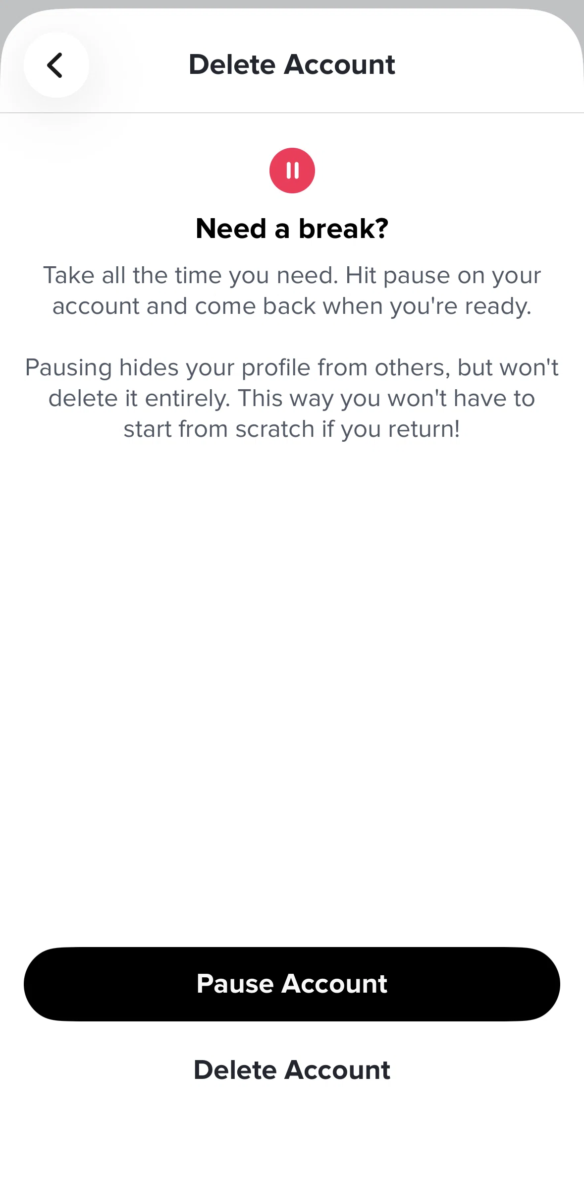 Tinder Screen screen in the Deleting an account flow
