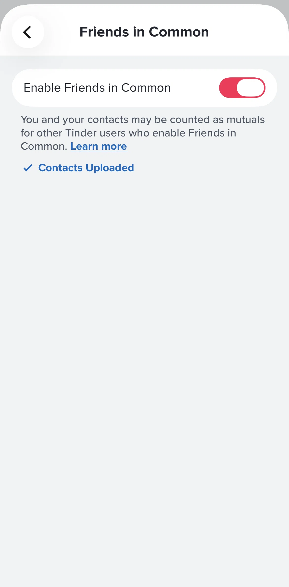 Tinder Screen screen in the Disabling friends in common flow