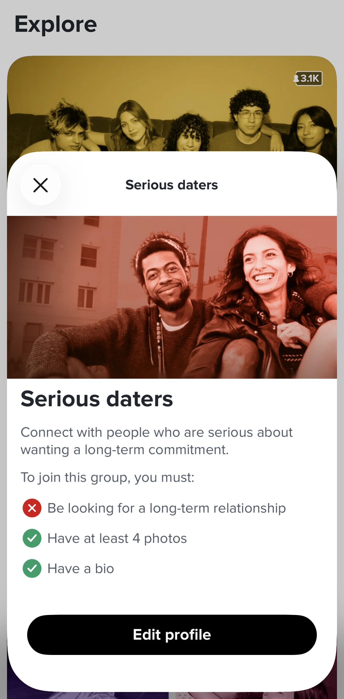 Tinder Screen screen in the Editing dating preferences flow