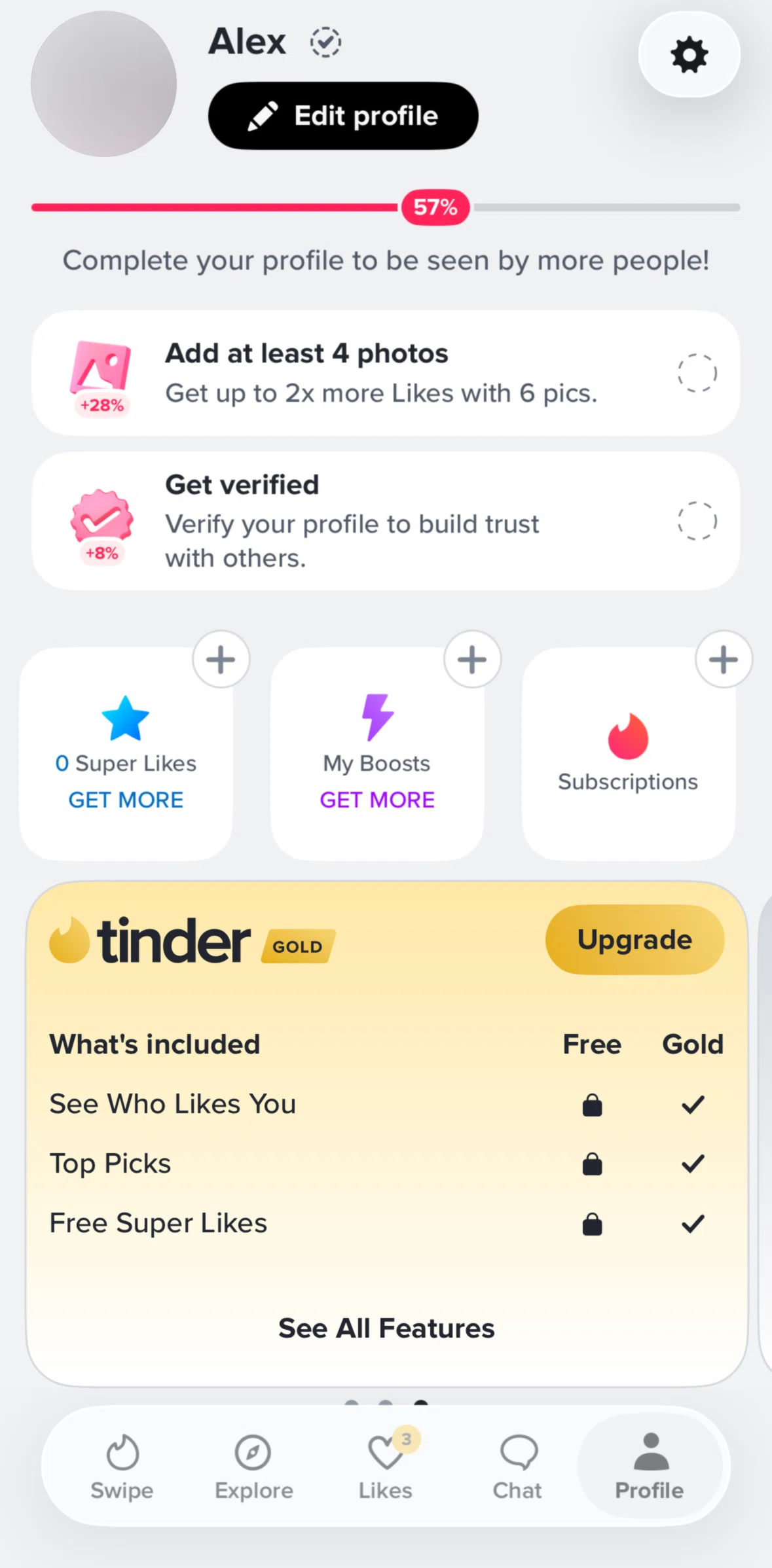 Tinder Screen screen in the Editing profile flow