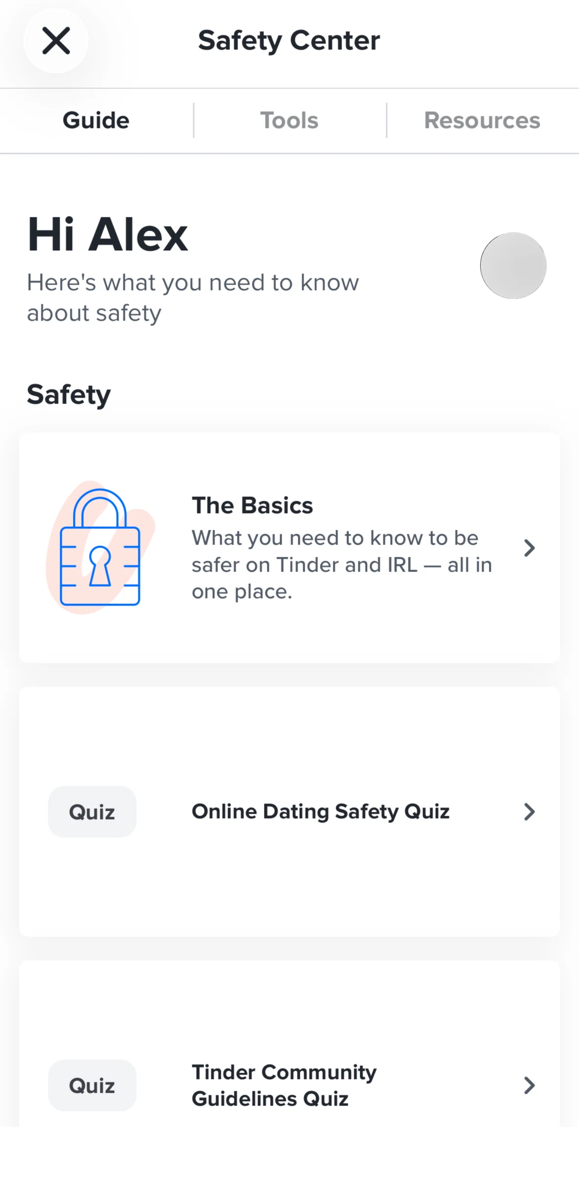 Tinder Screen screen in the Guide article flow