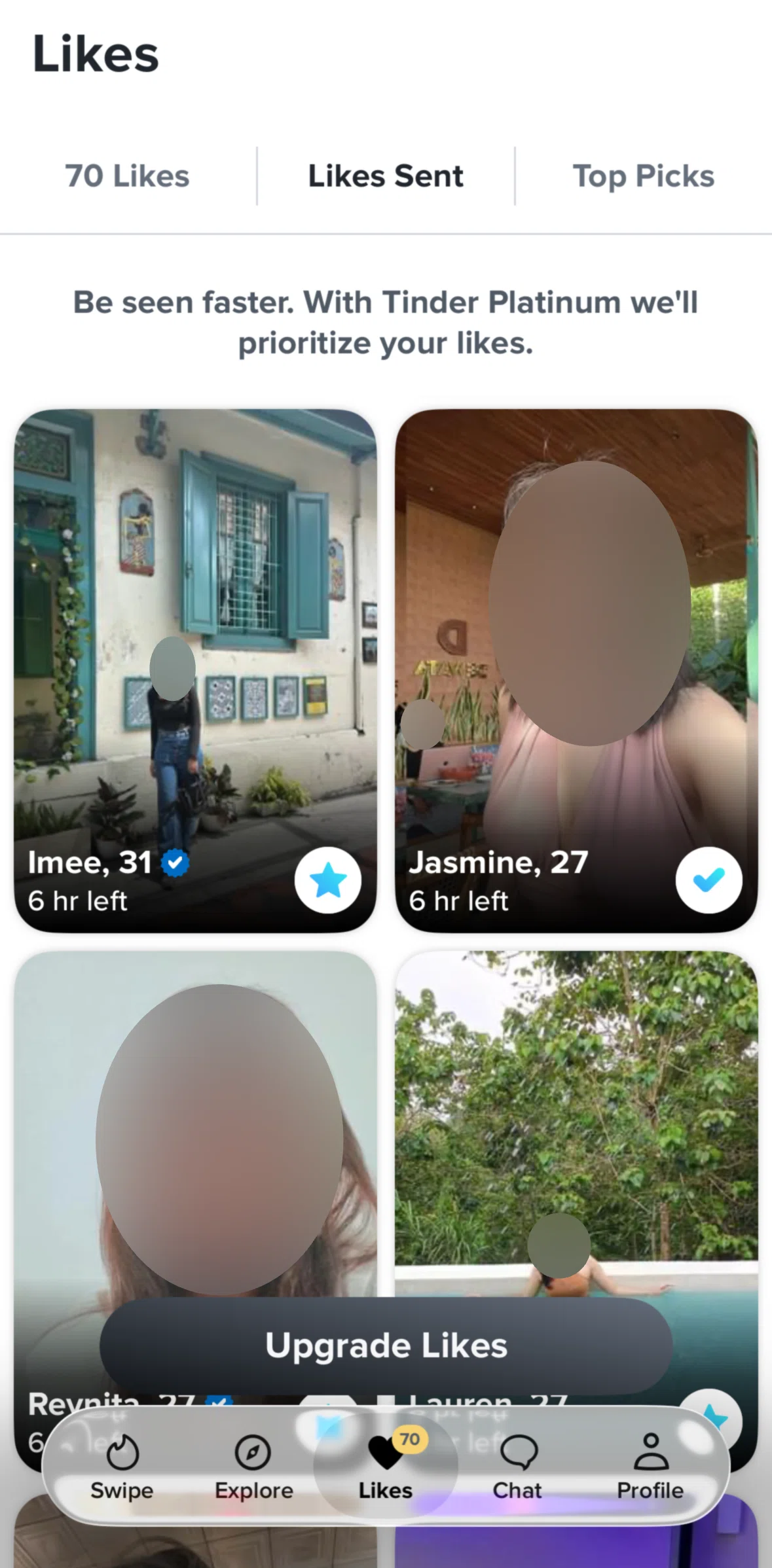 Tinder Screen screen in the Likes sent flow