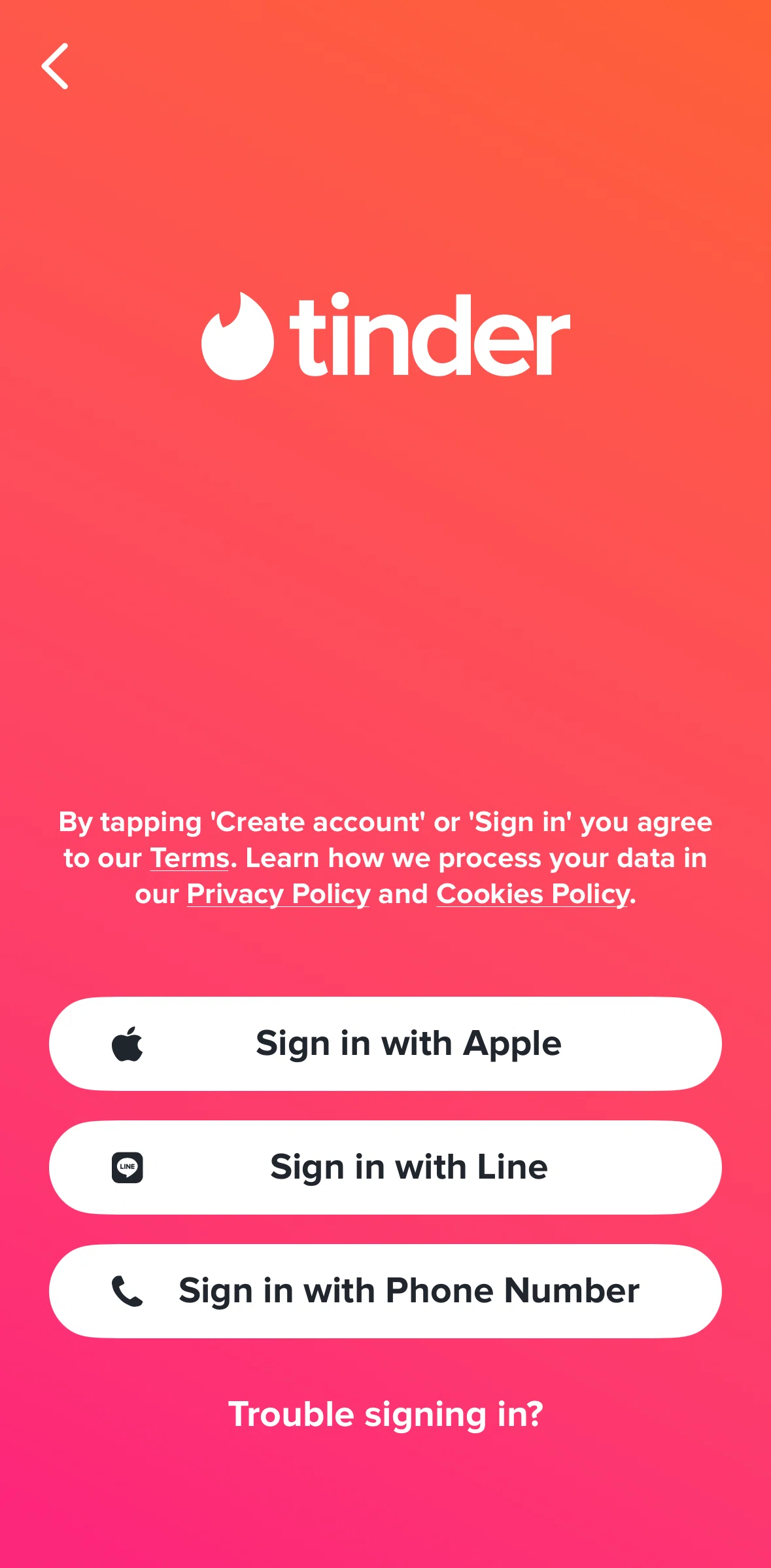 Tinder Screen screen in the Logging in flow
