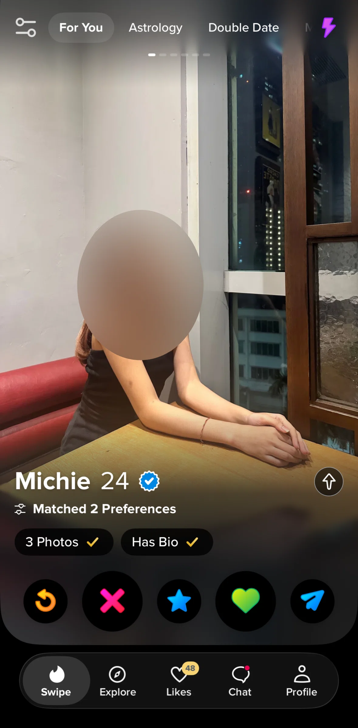 Tinder Screen screen in the Rewinding last action flow