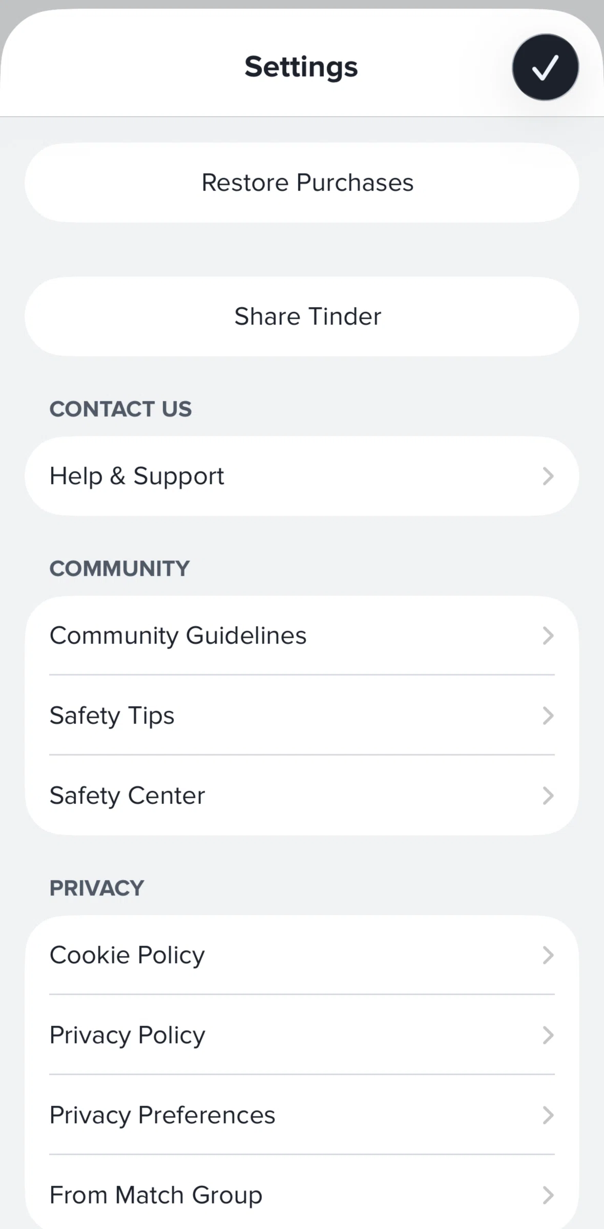 Tinder Screen screen in the Safety center flow