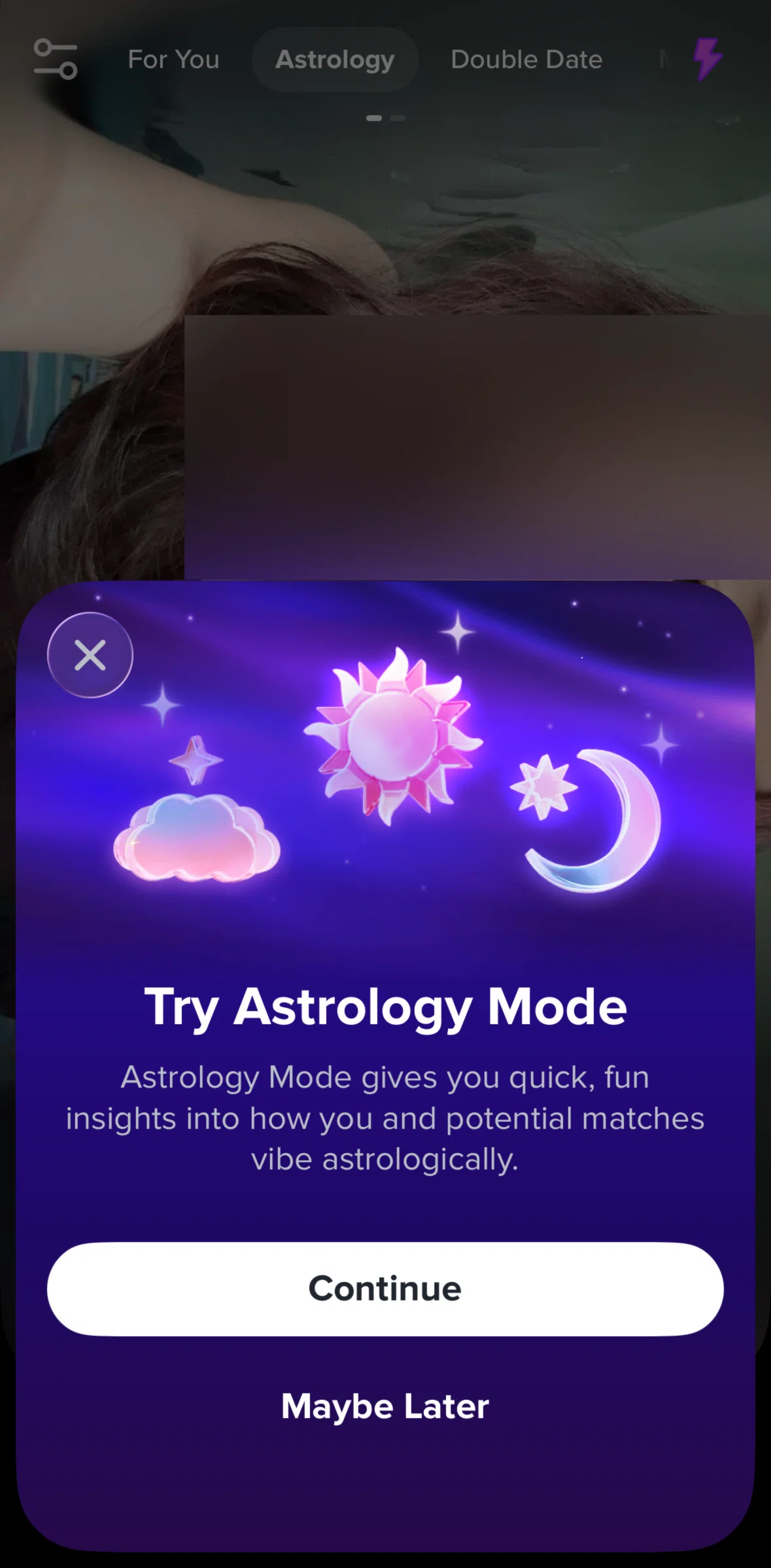 Tinder Screen screen in the Setting up astrology mode flow
