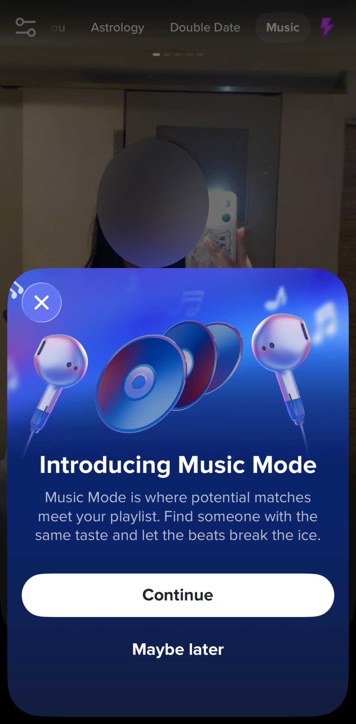 Tinder Screen screen in the Setting up music mode flow