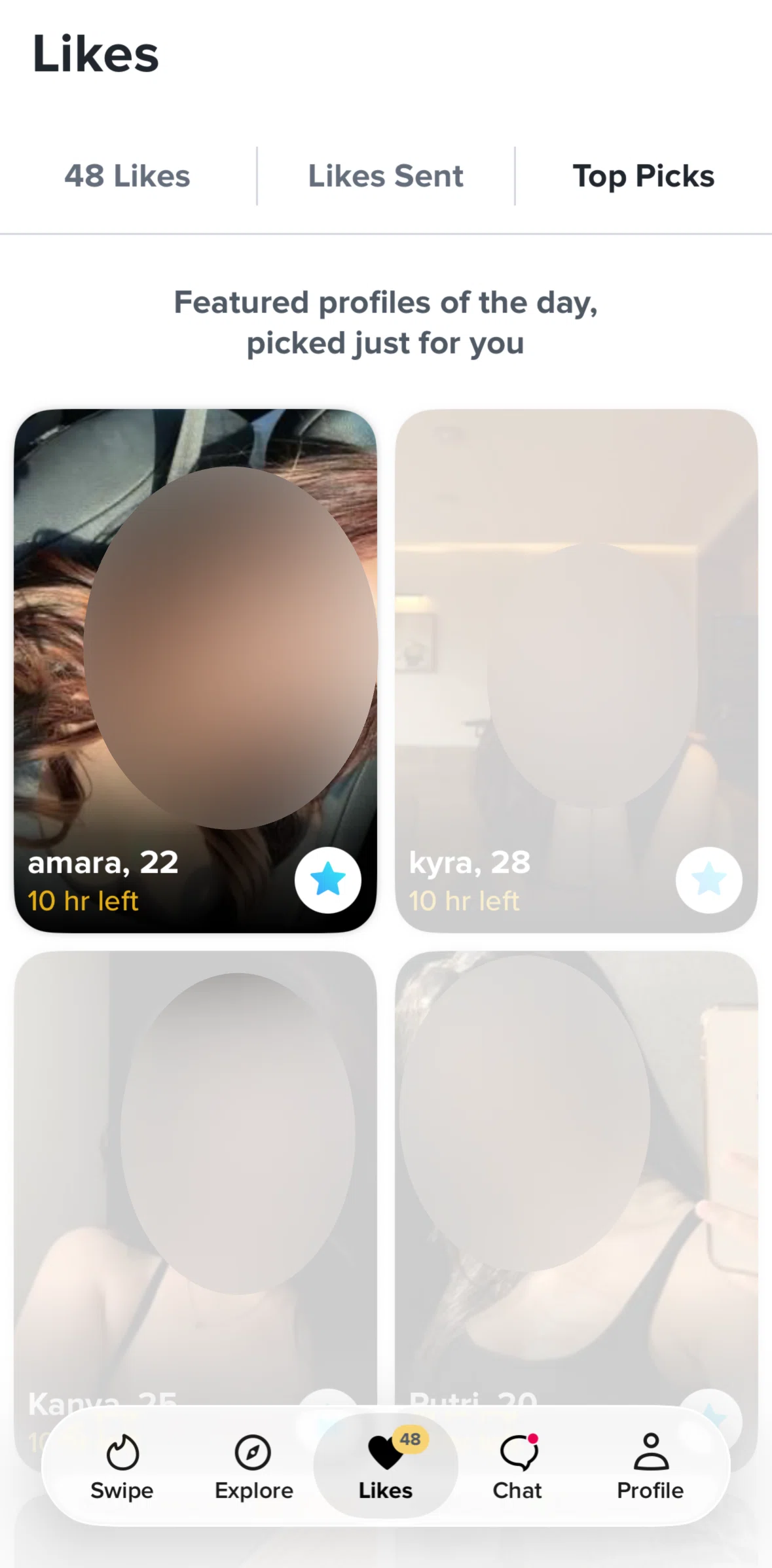 Tinder Screen screen in the Top picks flow