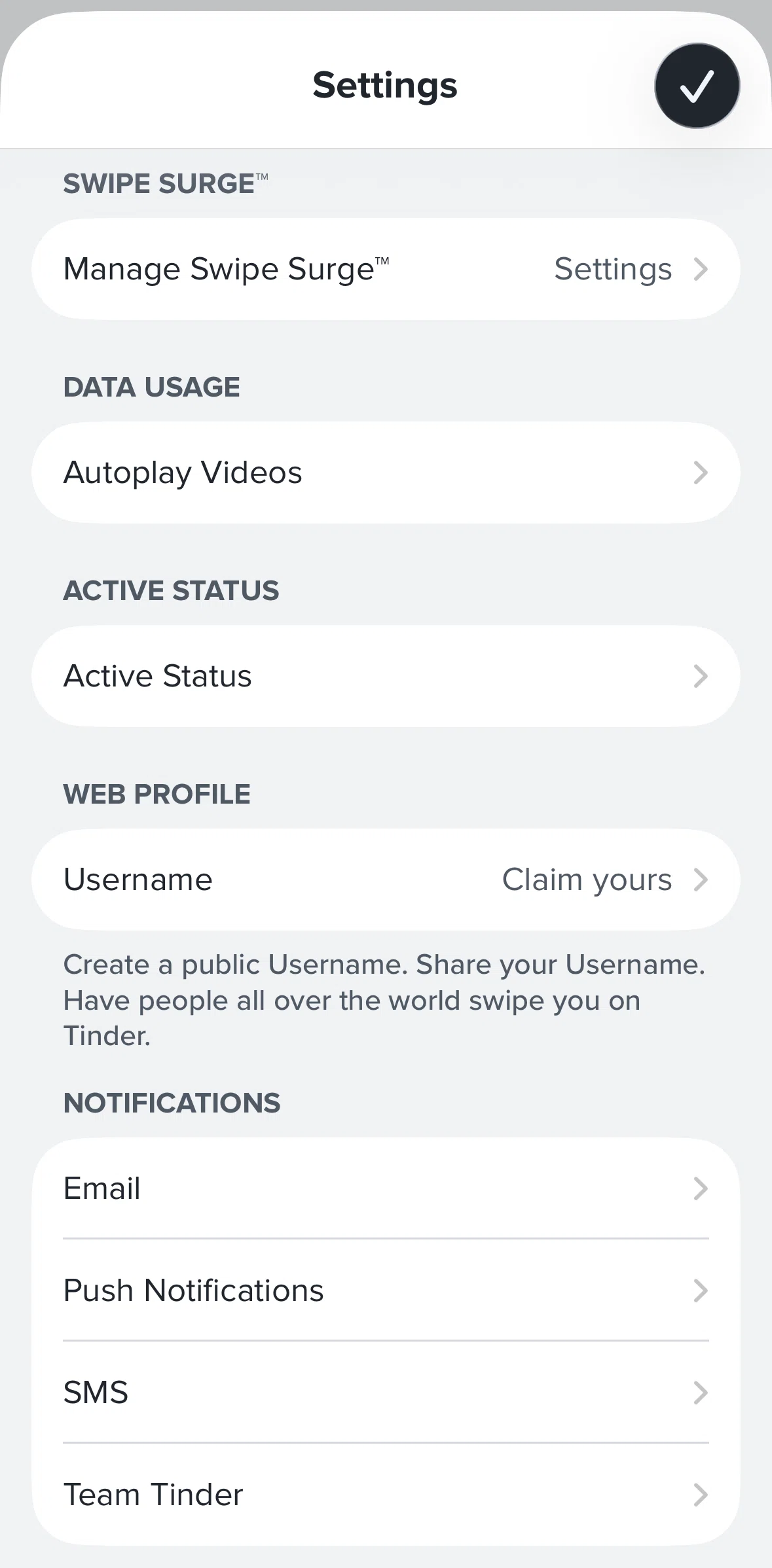 Tinder Screen screen in the Unsubscribing from email notifications flow