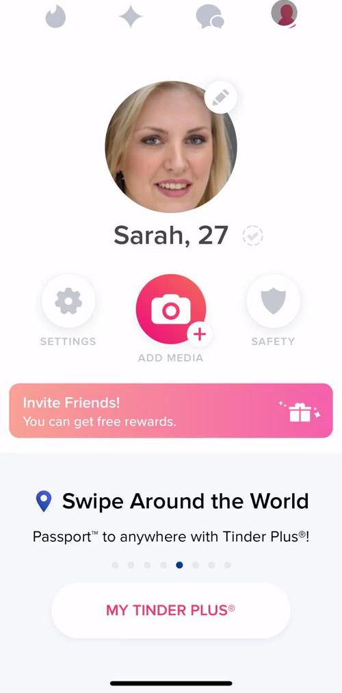 Tinder Profile screen in the Upgrading Your Account flow