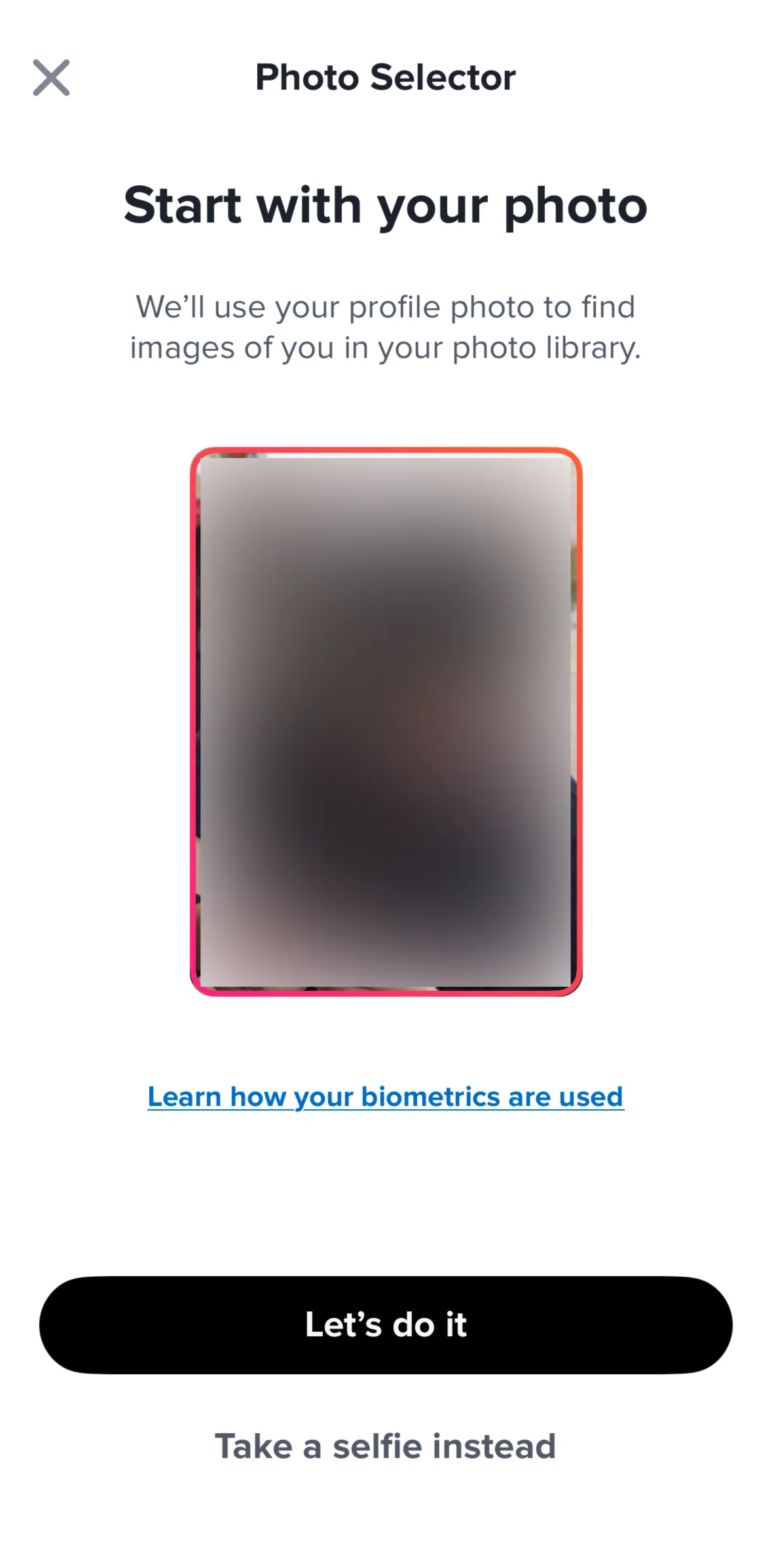 Tinder Screen screen in the Uploading photos with AI (selfie) flow