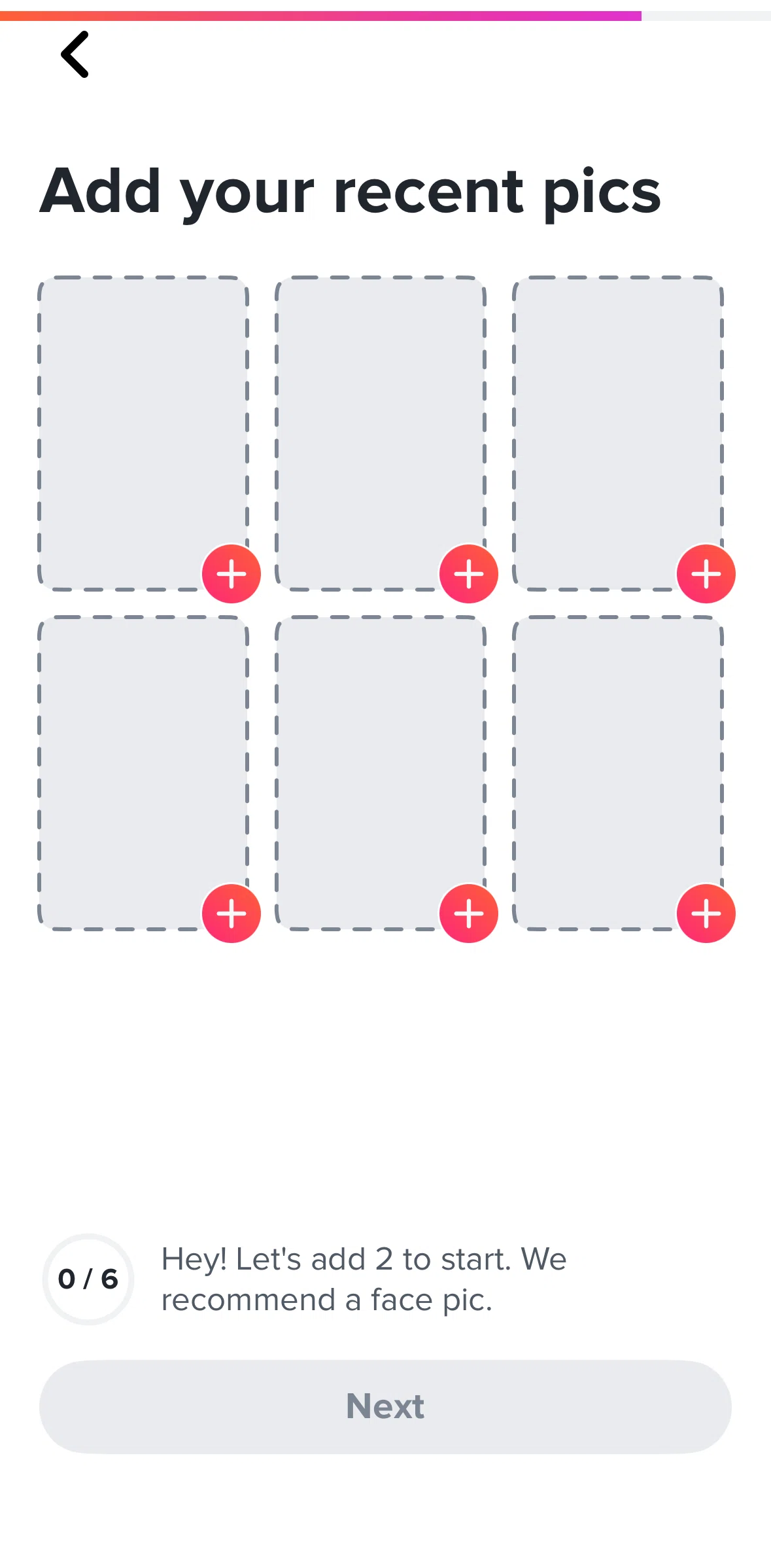 Tinder Screen screen in the Uploading photos flow