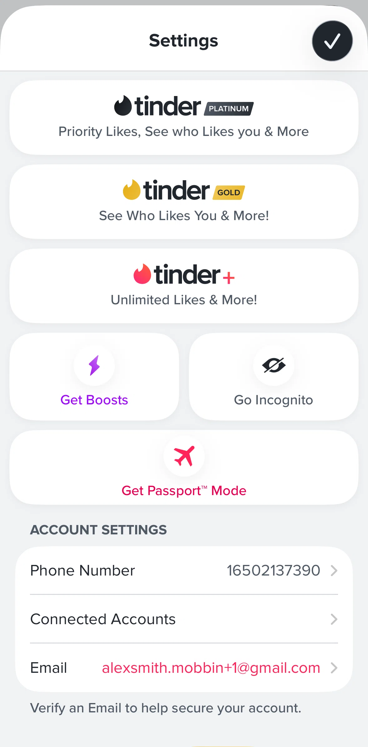 Tinder Screen screen in the Verifying an email flow