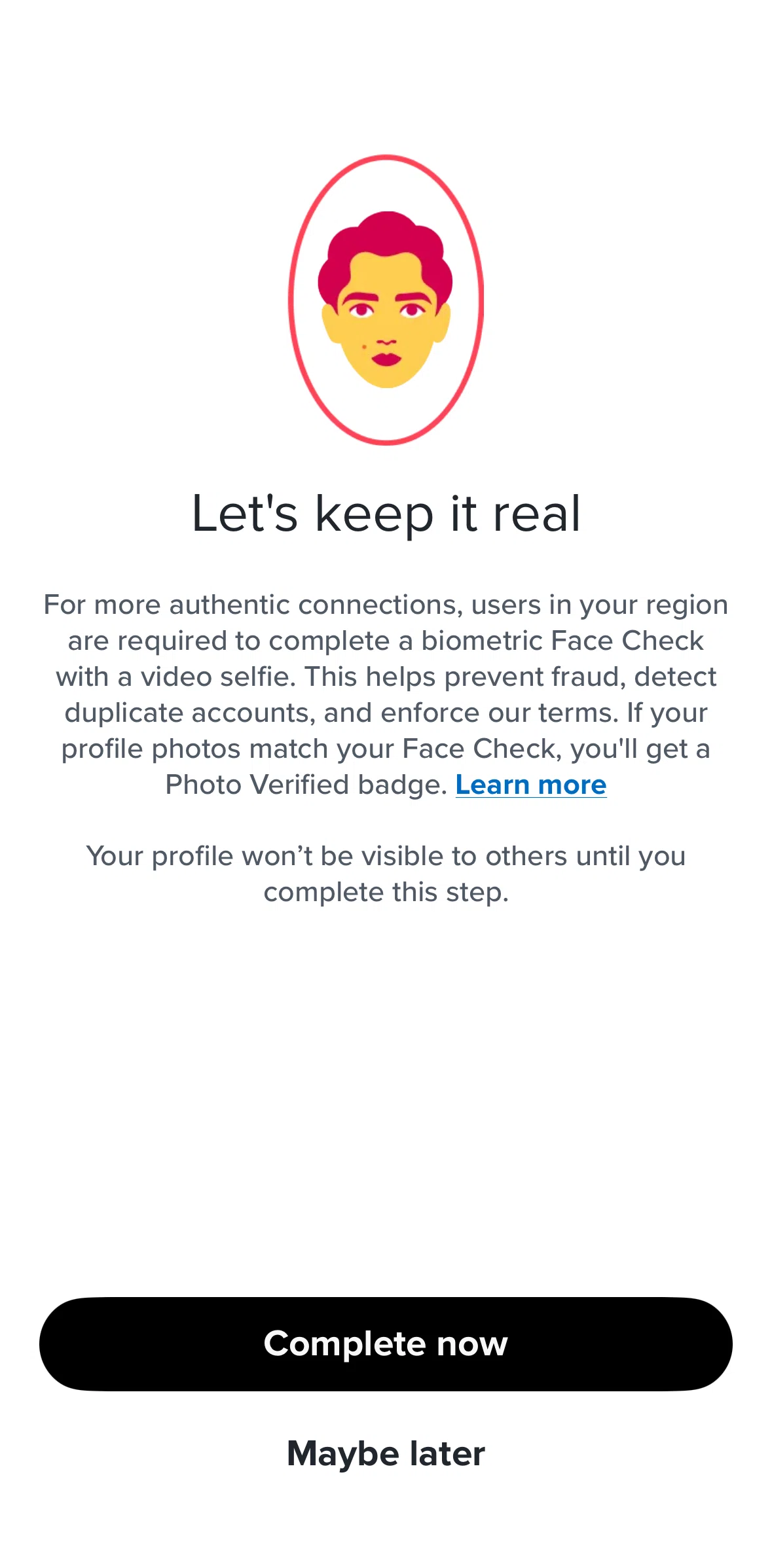 Tinder Screen screen in the Verifying profile flow