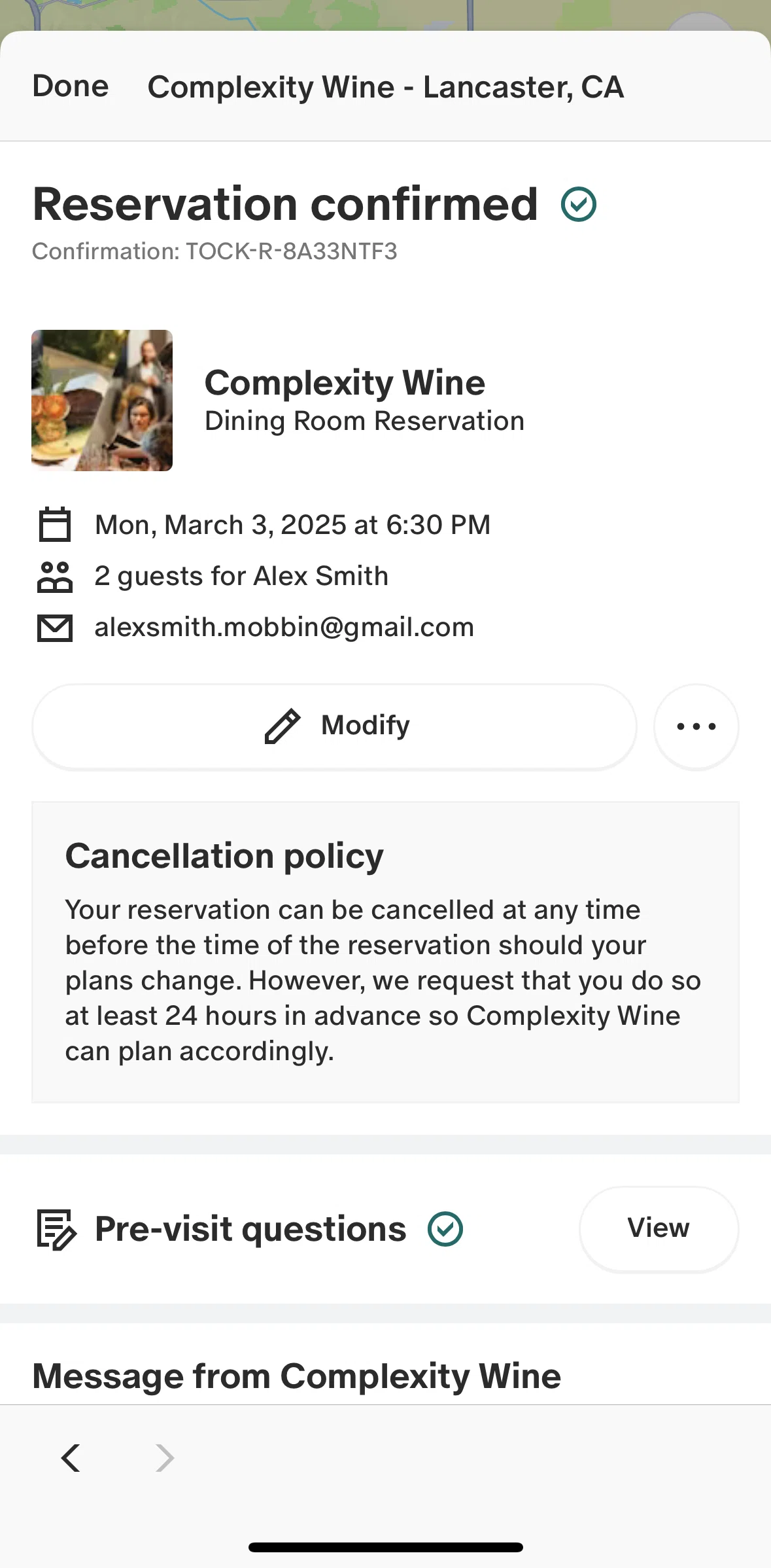 Tock Screen screen in the Canceling a reservation flow