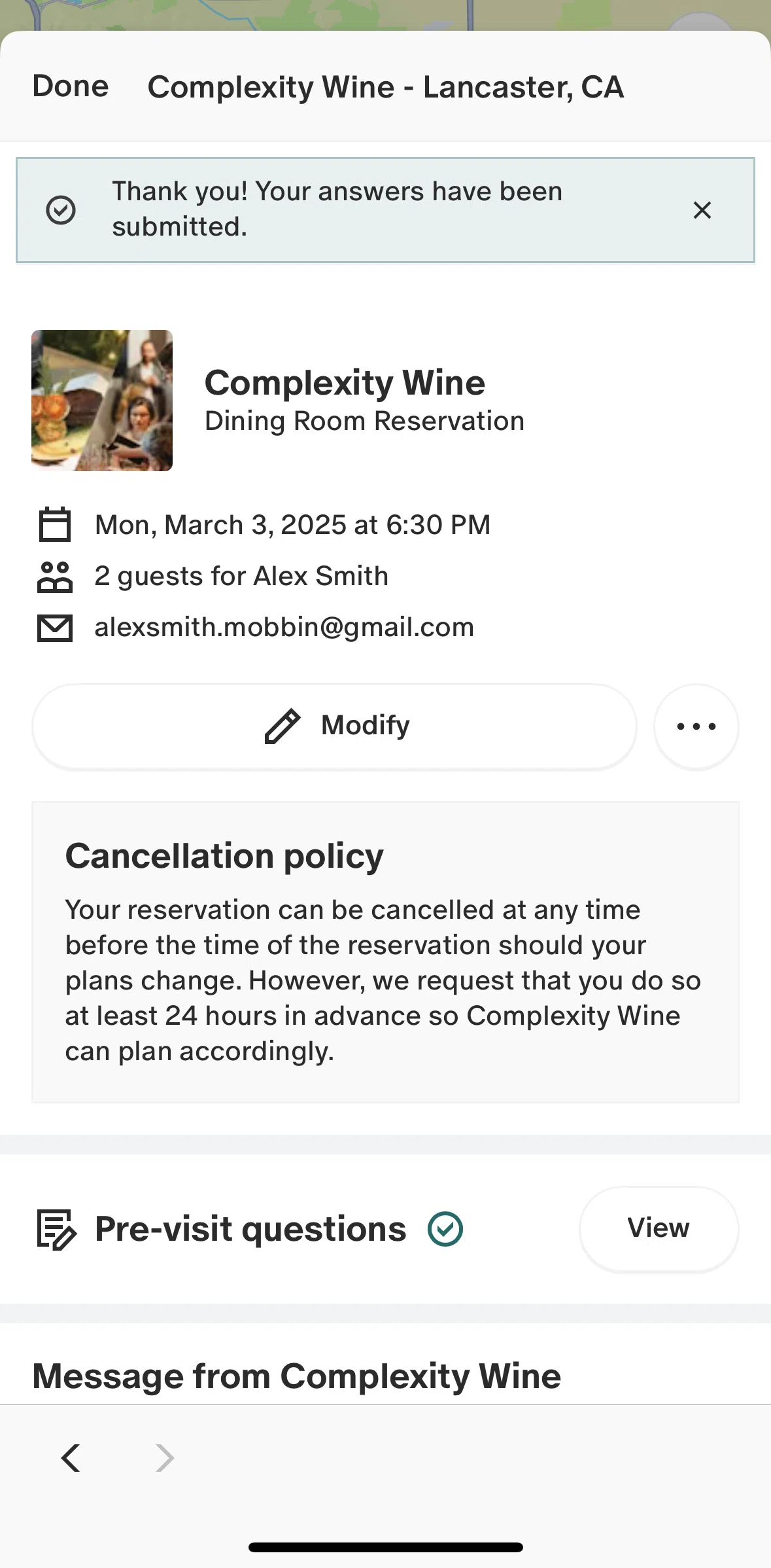 Tock Screen screen in the Modifying reservation flow