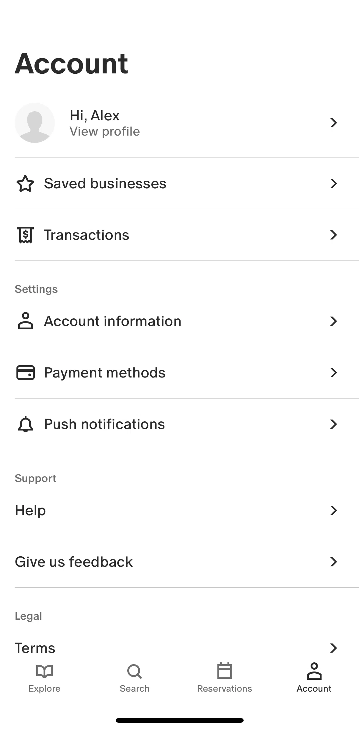 Tock Screen screen in the Saved businesses flow