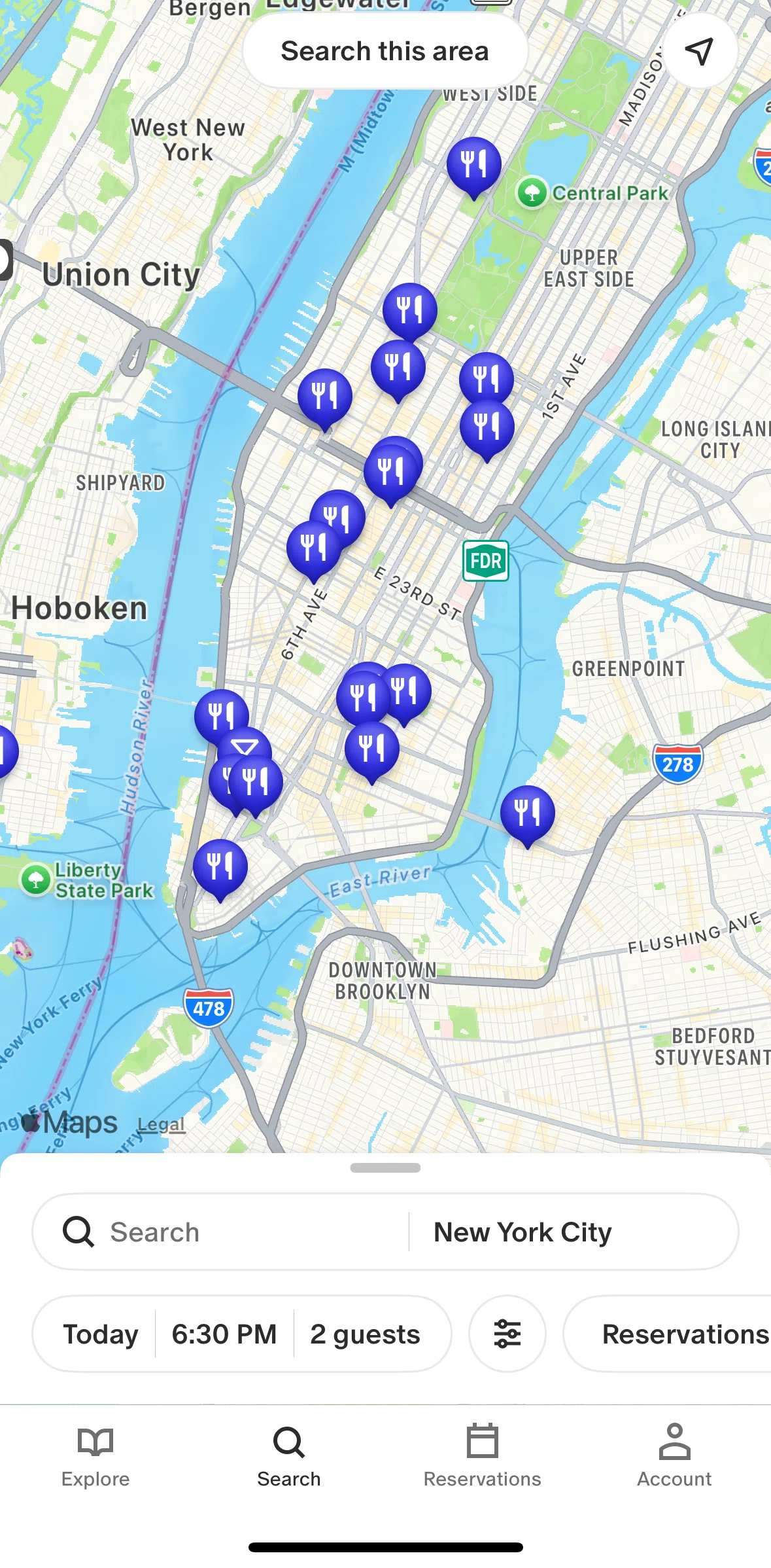 Tock Screen screen in the Searching based on area flow