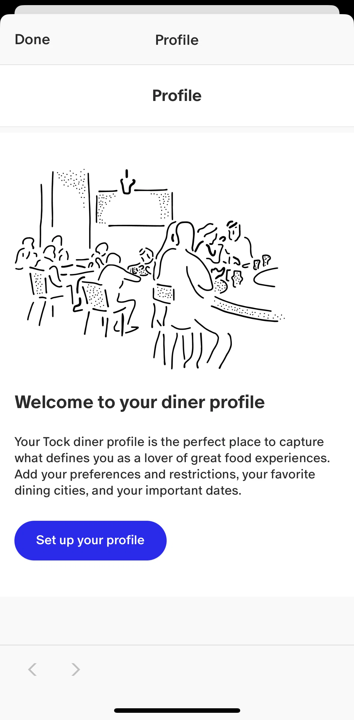 Tock Screen screen in the Setting up diner profile flow